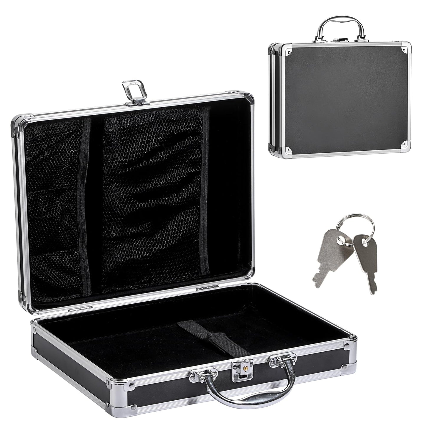 JuxYes Locking Clipboard Storage Box with Handle and Key, Aluminum Clipboard Case Portable Small Briefcase with Binder, Metal Letter Size Paper Organizer for Office Business Men, Silver Black
