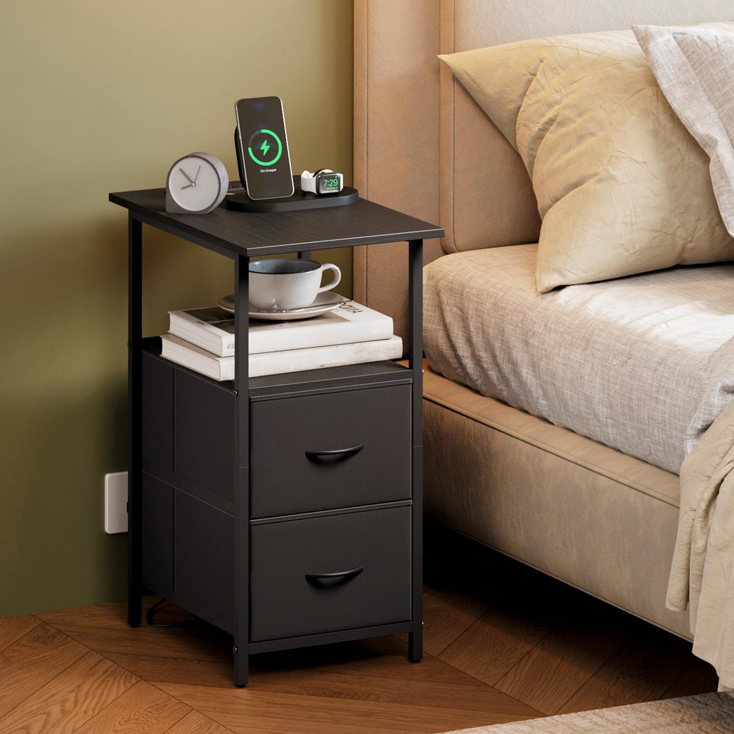 Somdot Narrow End Table with Charging Station, 24.4" Tall Side Table with 2 Fabric Drawers, Skinny Nightstand for Small Spaces, Living Room, Bedroom, Black