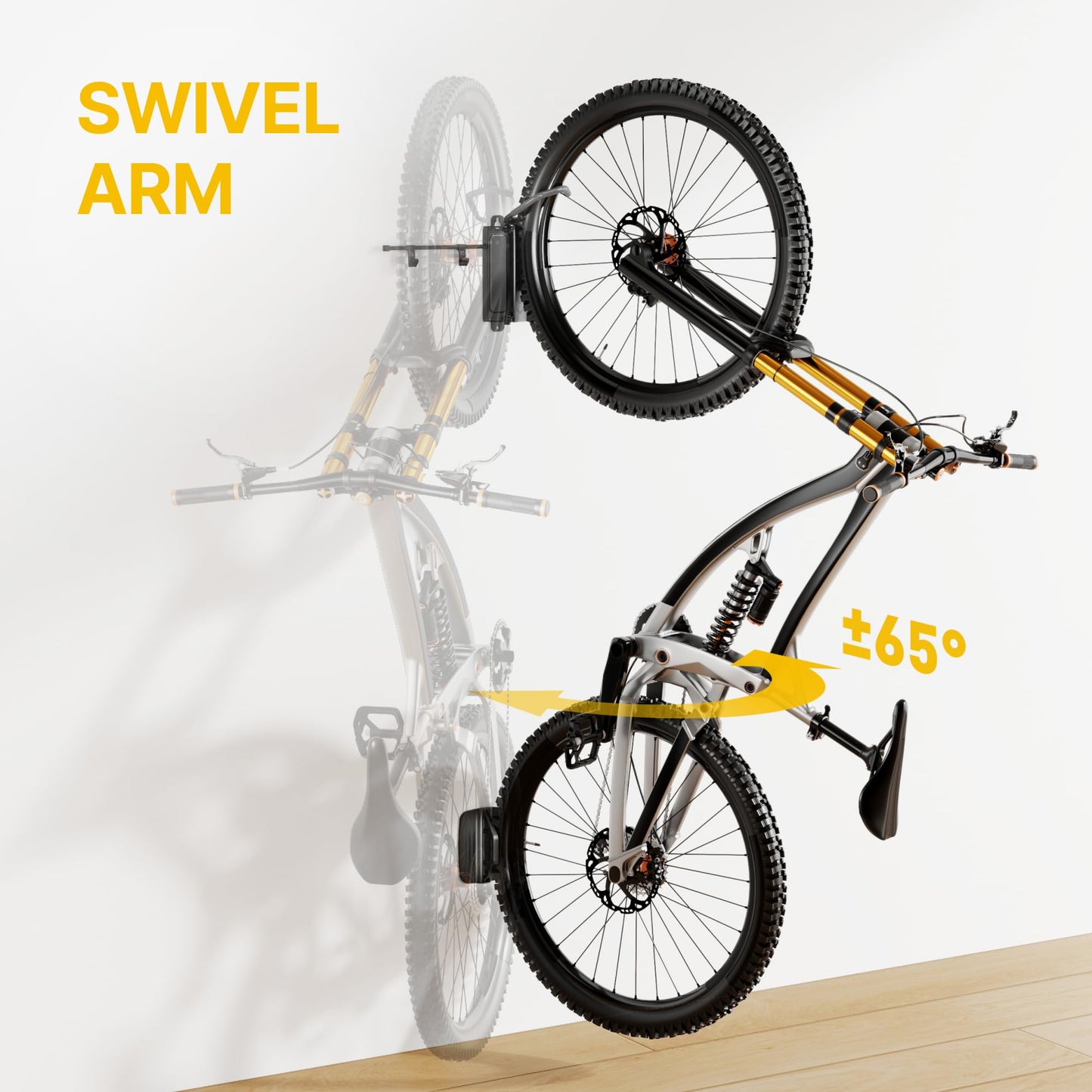 monTEK Swivel Bike Wall Mount, Bike Hangers for Garage, Bike Mount with Two Extra Storage Hooks, Bike Hanger Wall Mount for Space Saving, Bike Rack Garage Holds Up to 77 lbs