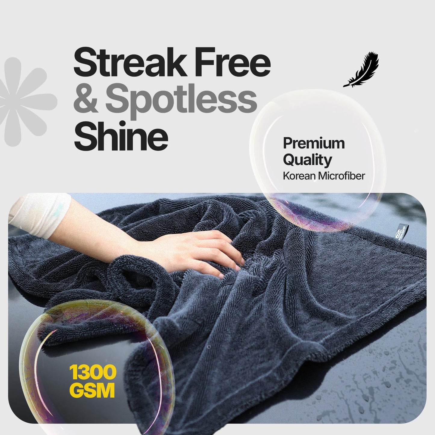 Crystal Clean 1300GSM Microfiber Towels for Cars – XL Drying Towel with Double Twisted Loop, Professional Detailing Towel Car Detailers - Quick Dry, Paint Safe & Swirl-Free