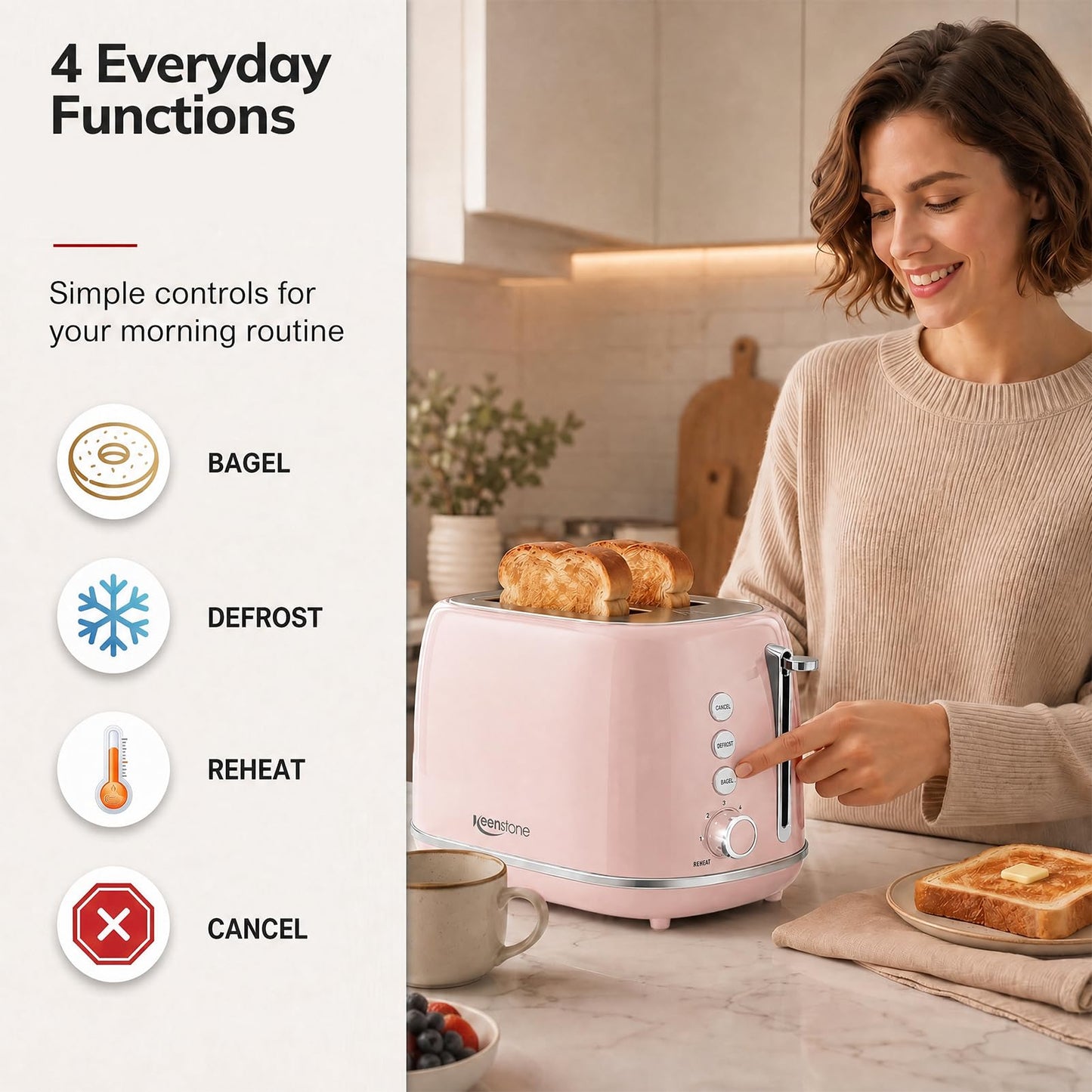 Keenstone Toaster 2 Slice Stainless Steel with 6 Bread Shade Settings, Bagel, Cancel, Defrost Function, 2 Slice Retro Toaster with Extra Wide Slot, Removable Crumb Tray, Pink
