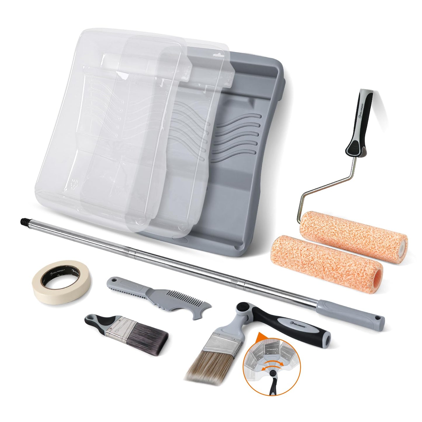 ROLLINGDOG 11 PC Paint Roller Kit-9 Inch Paint Rollers with Frame, Extension Pole, Paint Tray with Liners, Brushes, Paint Roller Cleaner and Masking Tape for Wall Ceiling House Painting