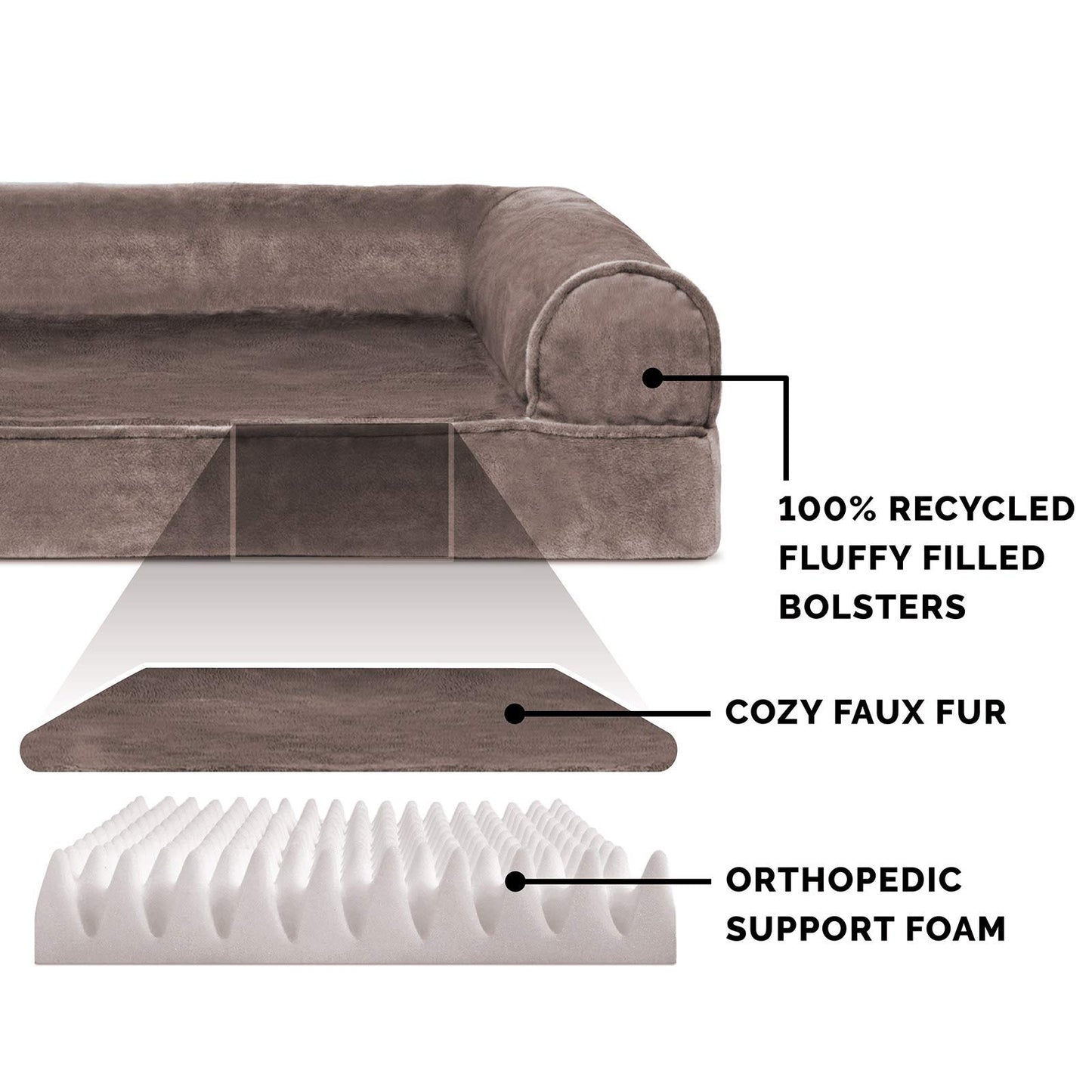 Furhaven Orthopedic Dog Bed for Large/Medium Dogs w/Removable Bolsters & Washable Cover, for Dogs Up to 55 lbs - Faux Fur & Velvet Sofa - Driftwood Brown, Large