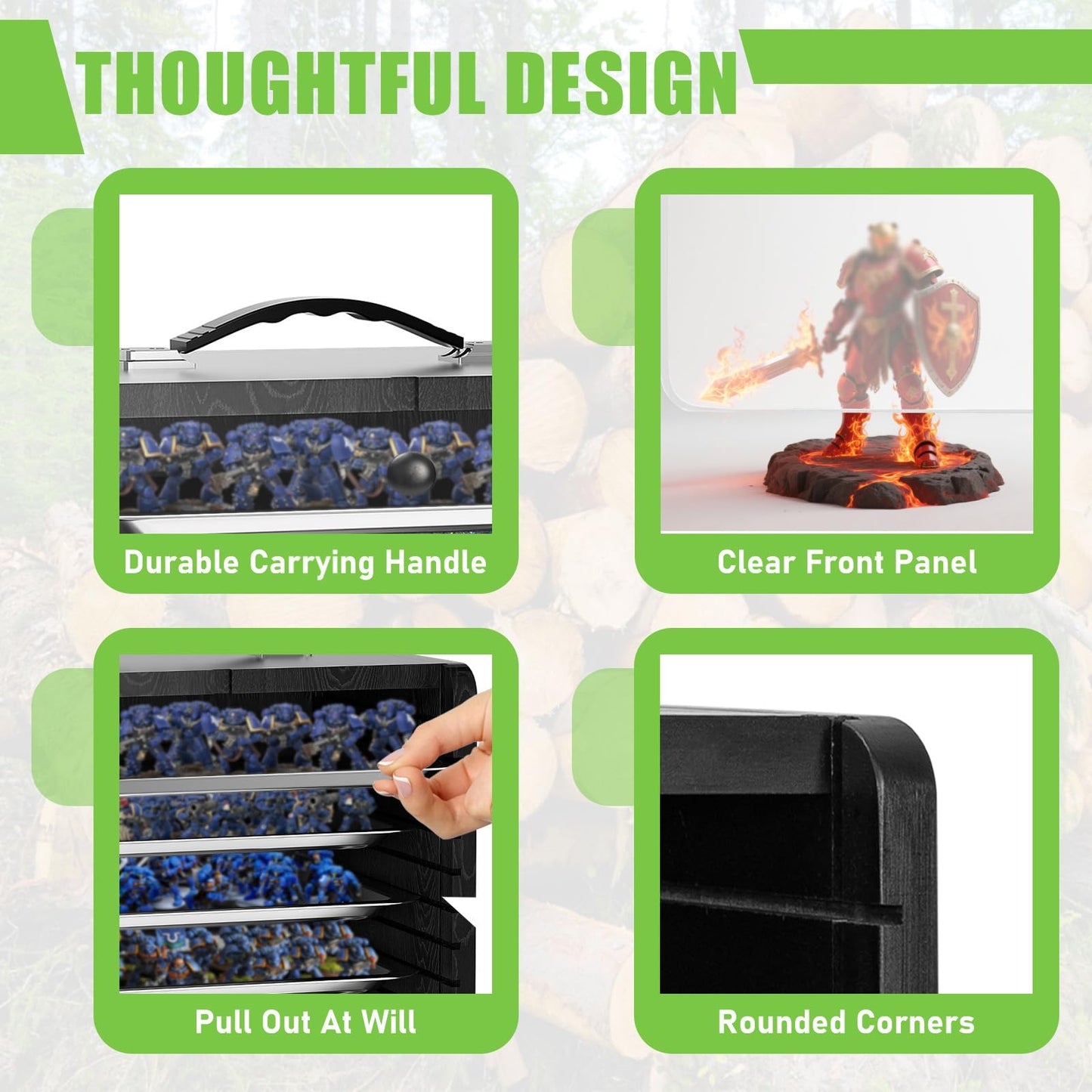 AKOZLIN Miniature Display Case for Collectibles Miniatures with 6 Trays & Handle Wooden Miniature Carrying Transport Case,Black