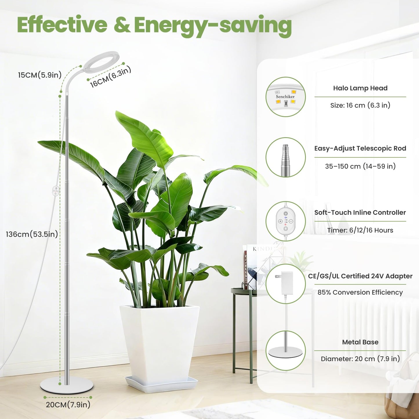 Grow Lights for Indoor Plants 24V, 660nm-Enhanced Full Spectrum, LUMILEDS LED Plant Light, 6.3in Grow lamp with Timer & Dimming, Adjustable Height 14-59in, 7.9in Base, 15W, 260μmol/s/m²@15cm(6in)