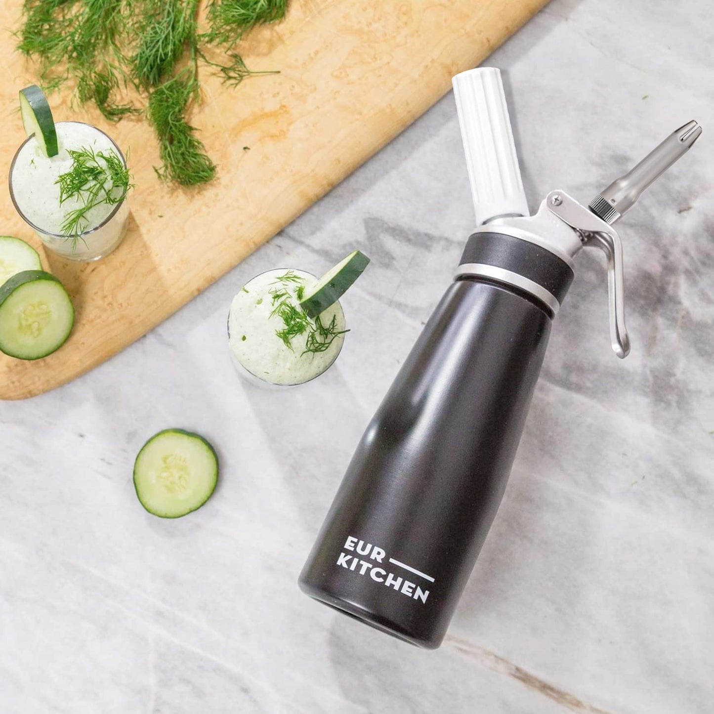 EurKitchen Professional Aluminum Whipped Cream Dispenser - Leak-Free Whip Cream Maker Canister with 3 Decorating Nozzles & Cleaning Brush - 1-Pint / 500 mL Whipper - N2O Chargers (Not Included)