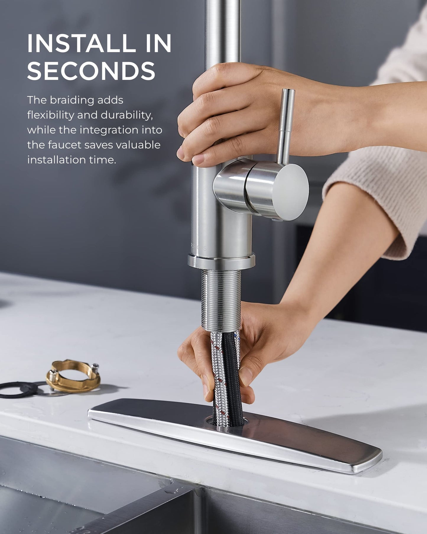 FORIOUS Kitchen Faucet with Pull Down Sprayer, Brushed Nickel, High Arc Single Handle Classic Stainless Steel Kitchen Sink Faucet 1 or 3 Hole, Suitable for Farmhouse Camper Laundry Rv Bar