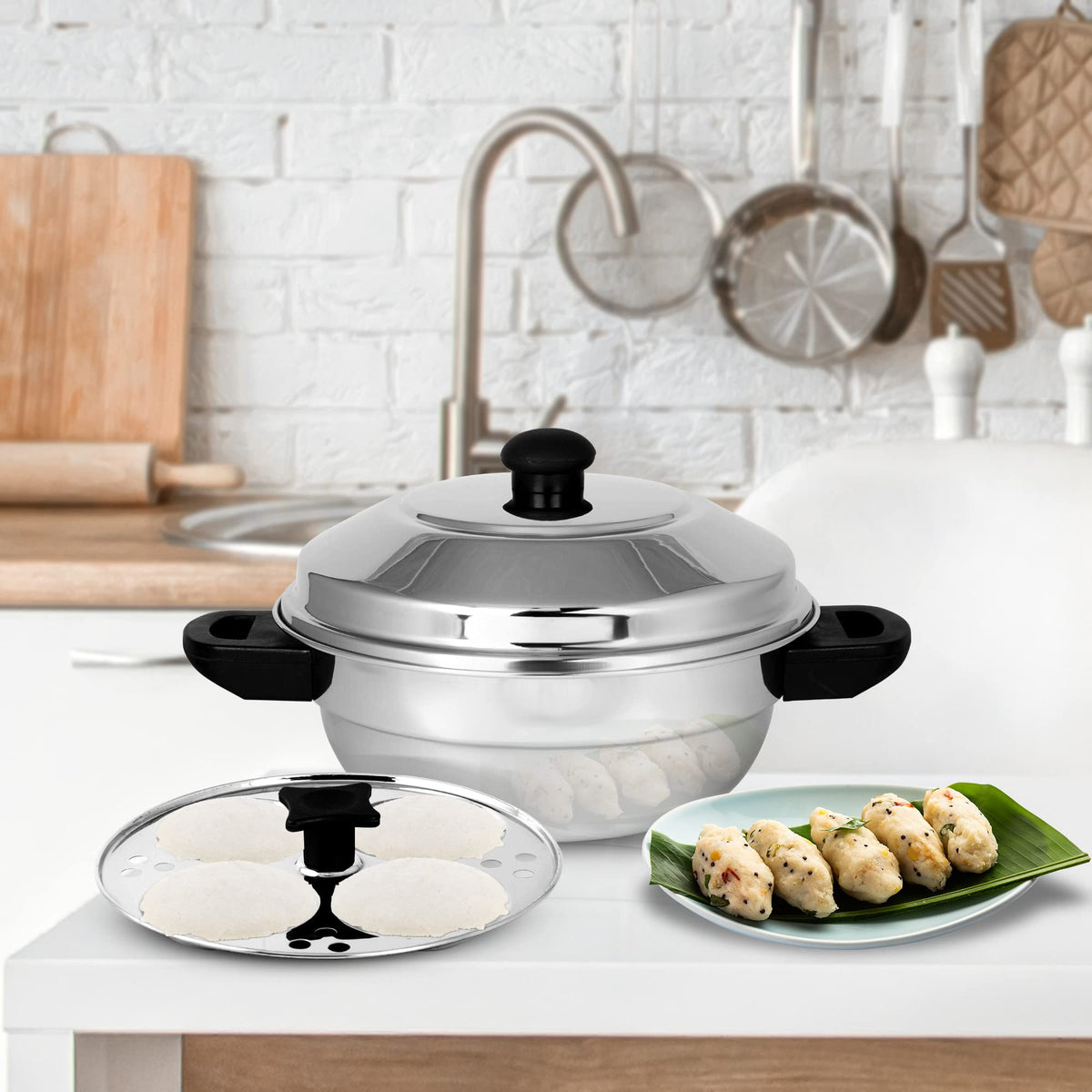 KSJONE Stainless Steel 4 pcs Multi Kadai (Induction Friendly) with Stainless Steel lid, 2 idli Plates (8 Idlis), 1 patra Plate, Silver