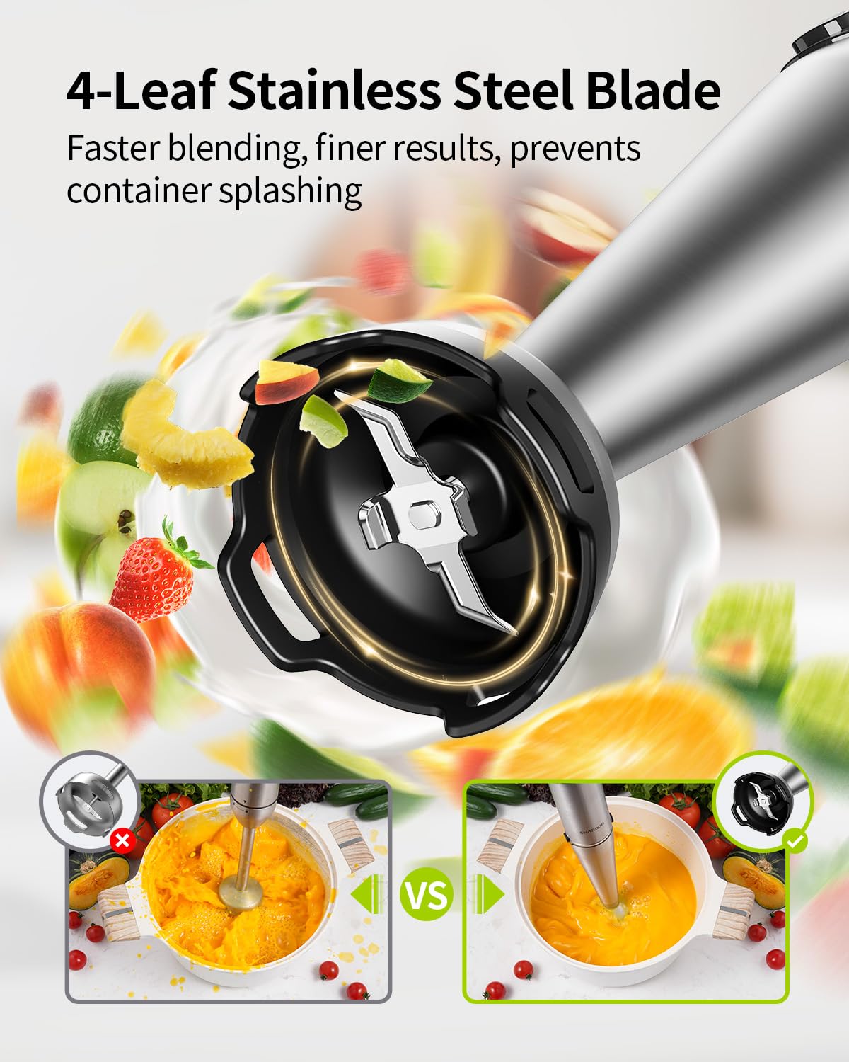 Immersion Blender Handheld, 1100W Hand Blender Set, 5 in 1 Trigger Variable Speed Stick Blender with Milk Frother, Whisk, 800ml Beaker, 600ml Chopper for Soup, Smoothie, Baby Food, Puree, BPA Free