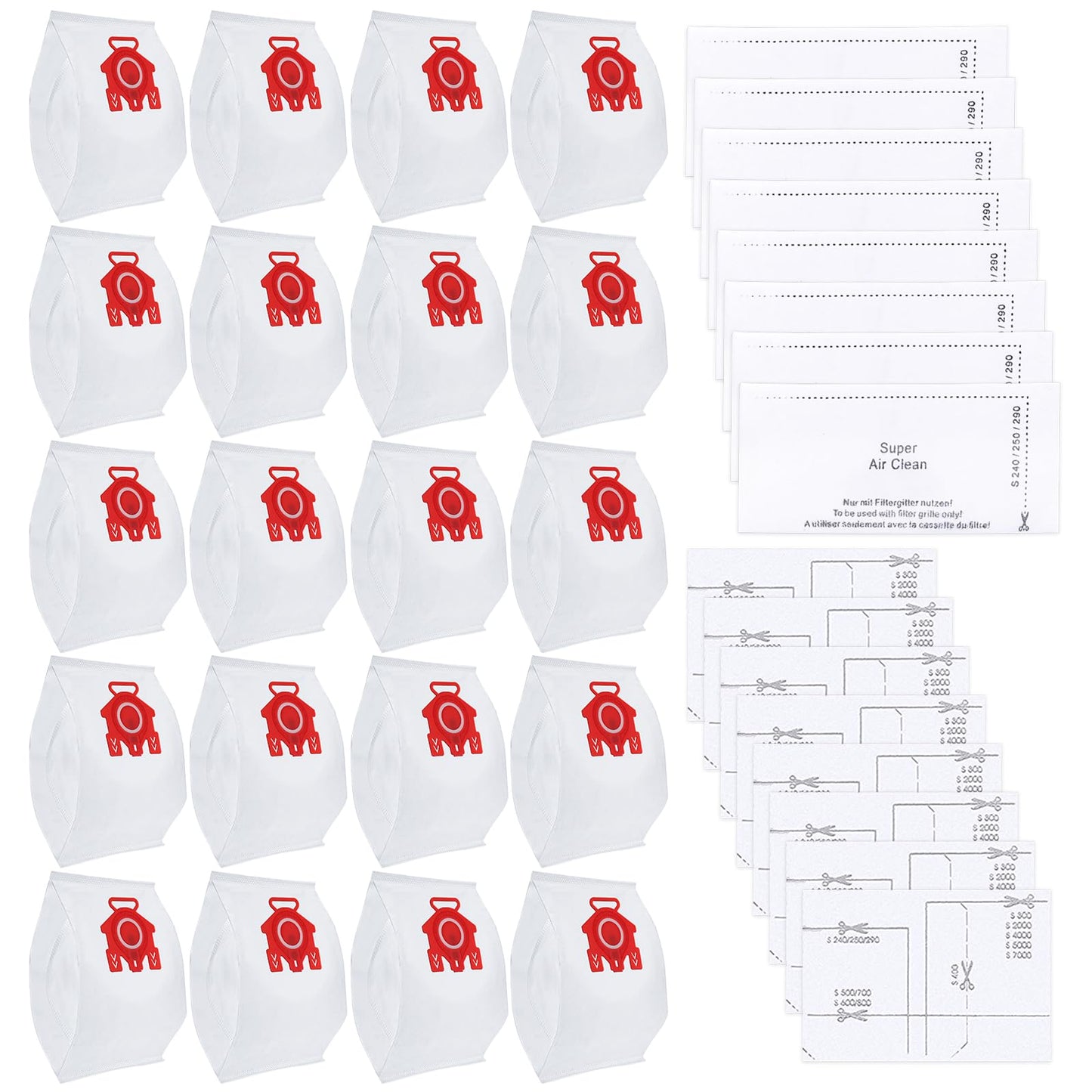 20 Pack FJM Airclean 3D Vacuum bags for Miele Compact C1, Compact C2, Complete C1, S241, S290, S300i, S500, S700, S4, S6 Series, Airclean 3D Efficiency Vacuum Bags for Miele, 20 Bags + 8 Filters Set