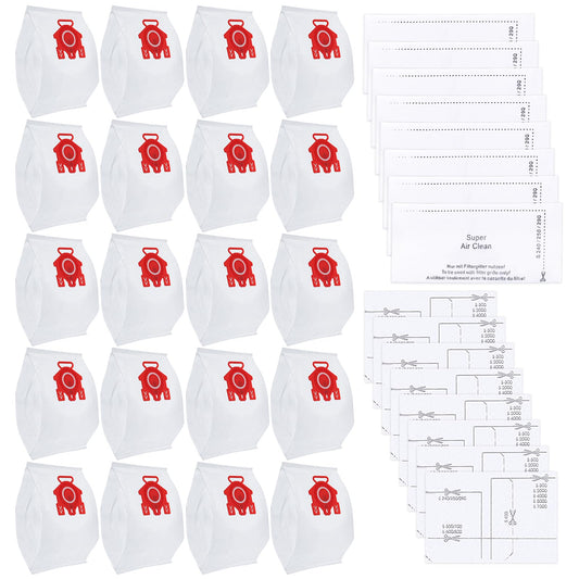 20 Pack FJM Airclean 3D Vacuum bags for Miele Compact C1, Compact C2, Complete C1, S241, S290, S300i, S500, S700, S4, S6 Series, Airclean 3D Efficiency Vacuum Bags for Miele, 20 Bags + 8 Filters Set