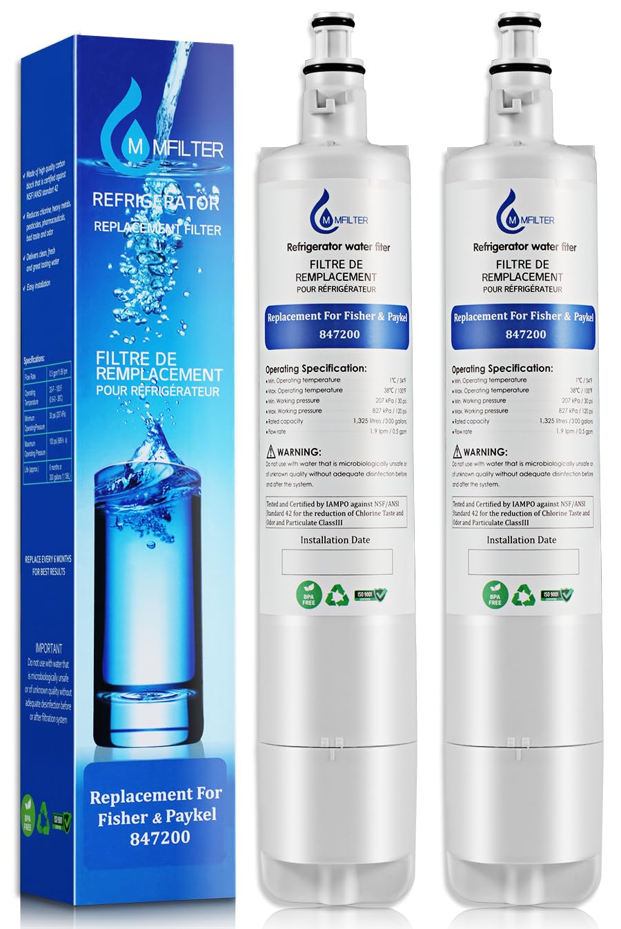 MMFILTER 847200 Water Filter Replacement for Fisher & Paykel 847200, Compatible with Fisher & Paykel Refrigerator Model Number E522 E422 E402 (2-PACK)