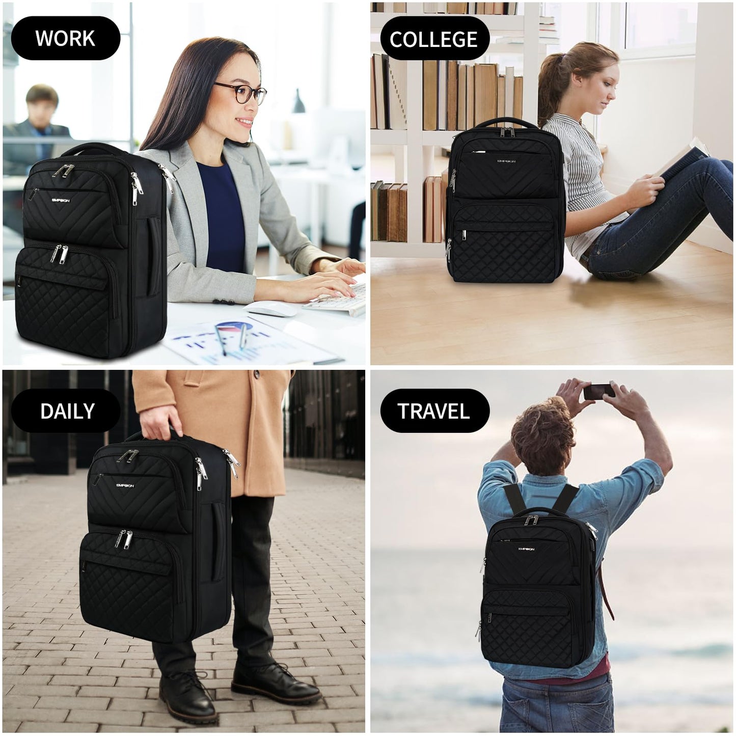 EMPSIGN Travel Backpack for Women, Large Carry On Backpack Airline Approved Personal Item Travel Bag, 17 inch TSA Friendly Laptop Backpack with USB Port, Casual Daypack Business Backpack, Black