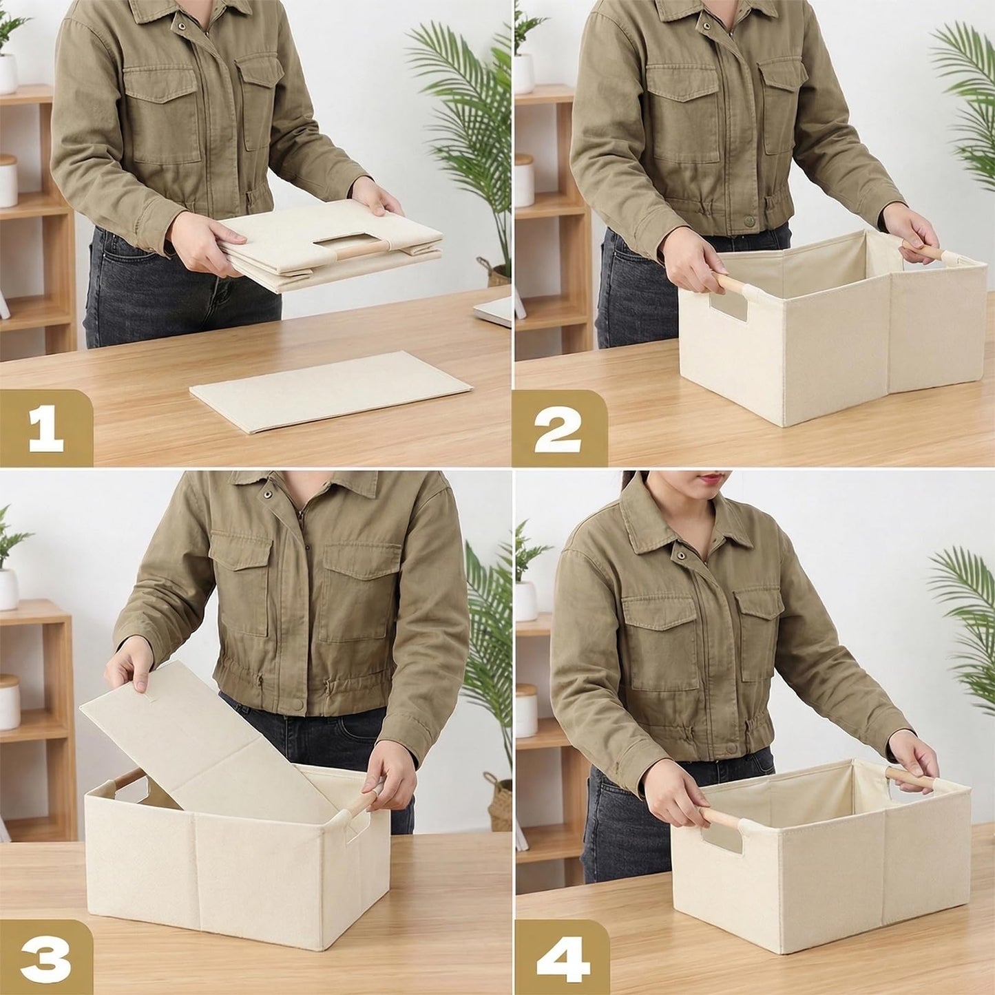 Fabric Collapsible Storage Bins, 2 Packs Cloth Storage Cubes with Wooden Handles, Stow Home Items Shelf Baskets, Rectangular Storage Basket for Decor, Shelves and Closet Organizer Bins (Beige)