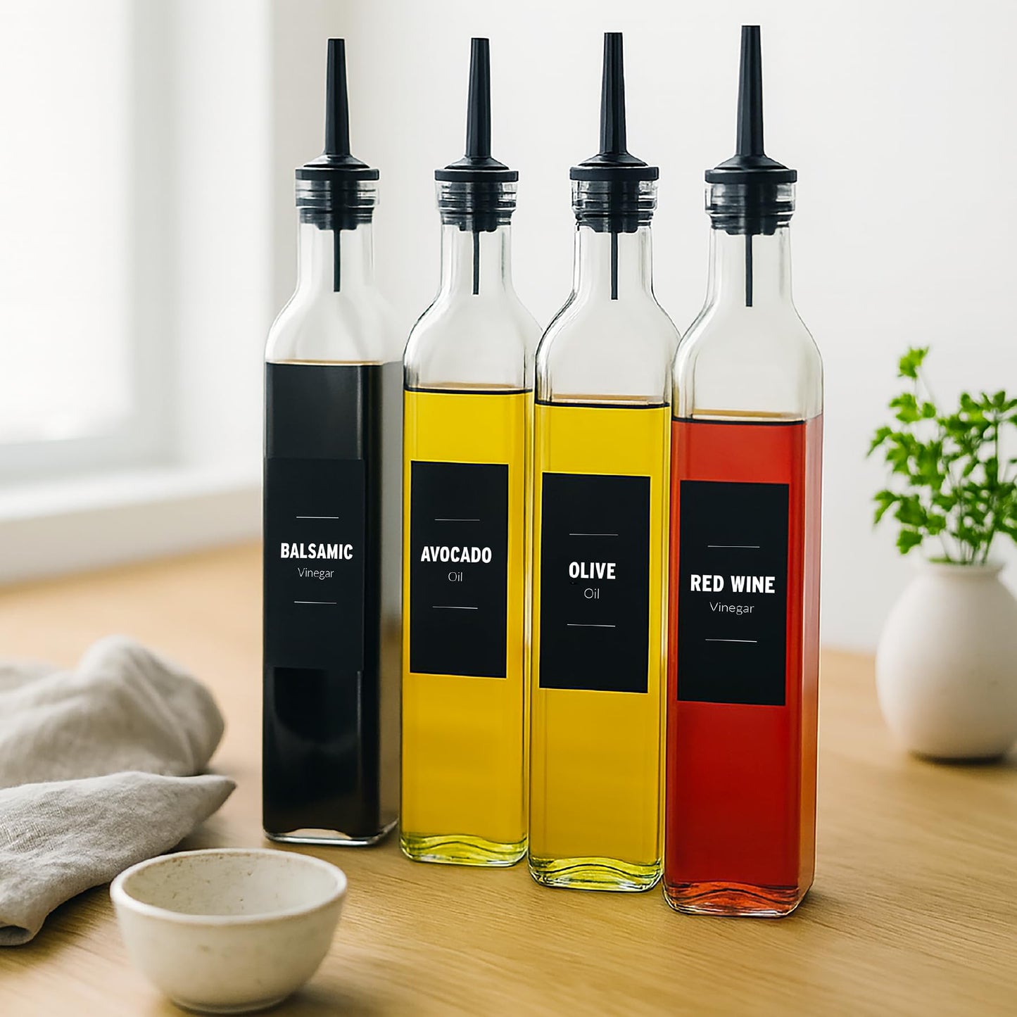 Olive Oil Dispenser Bottle for Kitchen – Oil and Vinegar Dispenser Set of 4 (500ml) – Glass Cruet Bottles with Stainless Steel Pourers, Funnel & Labels for Cooking Oil, Soy Sauce, Vinegar