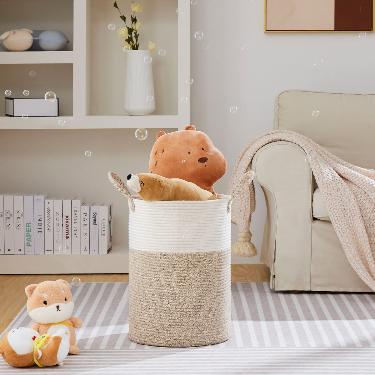 VIPOSCO 58L Tall Laundry Hamper, Woven Basket for Living Room, White Brown