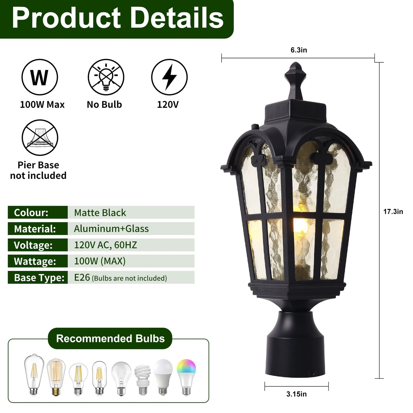 Outdoor Post Lights Fixture Anti-Rust Lamp Post Light Fixture Waterproof Exterior Pole Light Outside Pole Lighting for Yard Pathway Driveway Fence