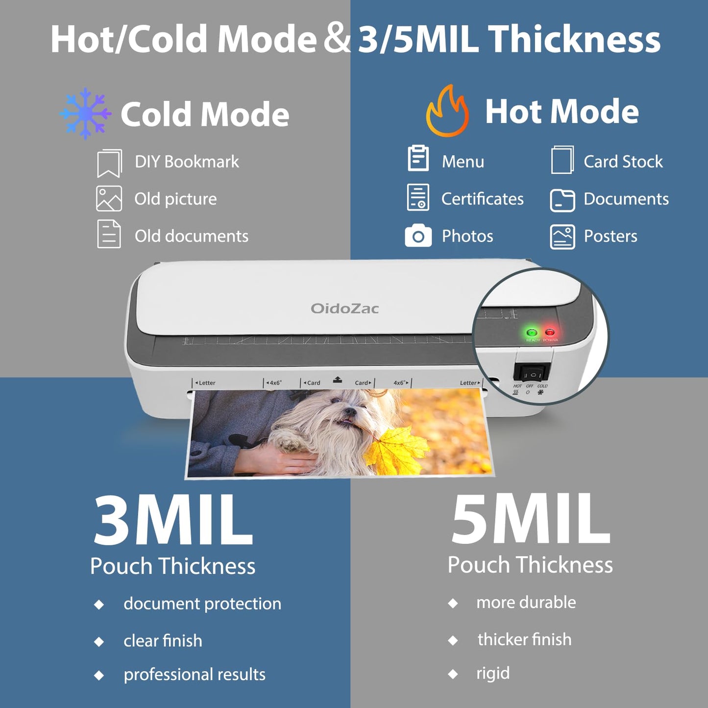 OidoZac Laminator Machine, 11 in 1 Laminating Machine with 36 Laminating Sheets, A4/Letter Size Desktop Thermal Laminator 2 Temperature Modes 3 Cutters Built-in Paper Trimmer for Office School Home