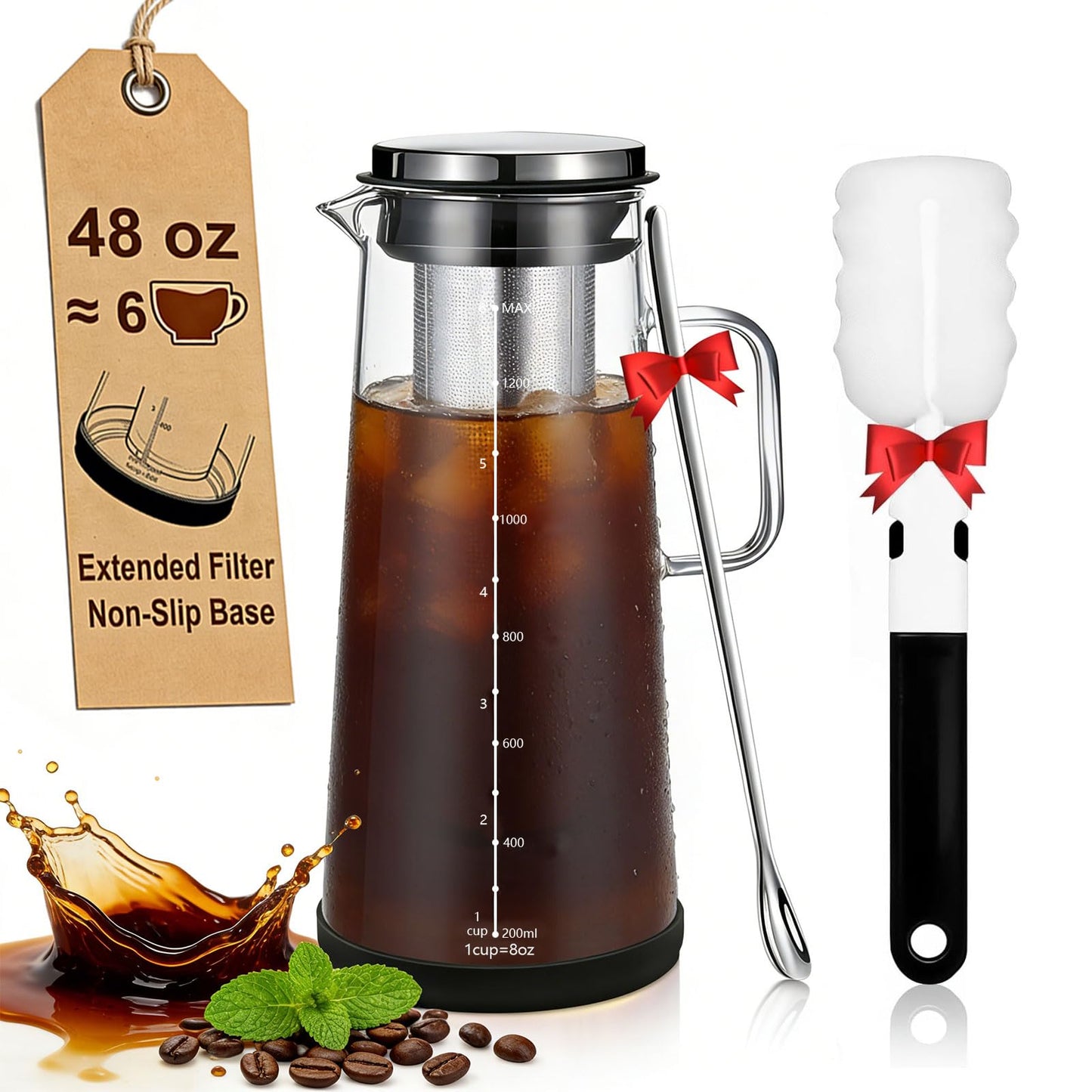 CARROTTIMES Cold Brew Coffee Maker 1.4L/48oz with Handle, Extended Stainless Steel Filter for Deep Extraction, Iced Tea Pitcher with Non-Slip Base Includes Cleaning Brush & Long Stirring Spoon