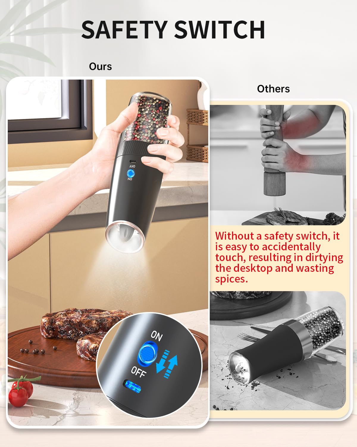 CIRCLE JOY Gravity Electric Salt and Pepper Grinder Set, Rechargeable Pepper Grinder with 135ml Refillable Container, Adjustable Coarseness, Electric Salt Shaker for Home Restaurant, Black White