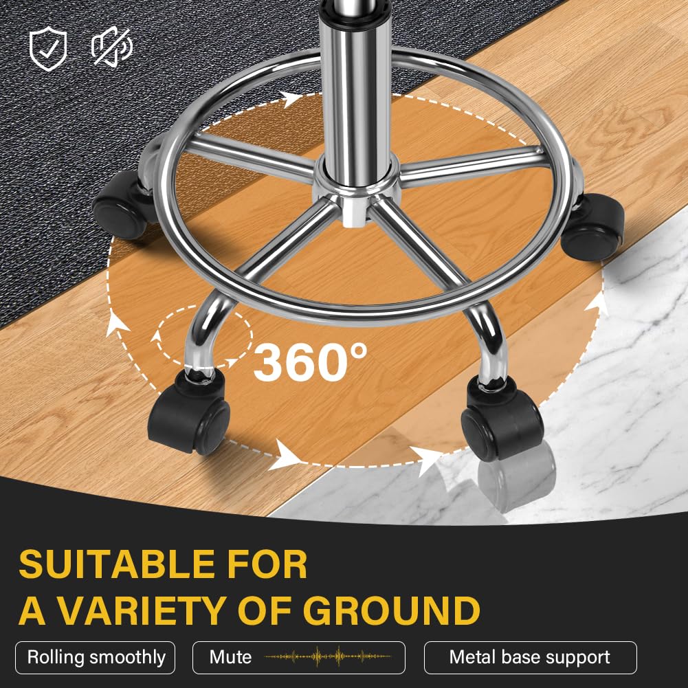 WKWKER Round Rolling Stool with Footrest PU Leather Height Adjustable 360° Swivel Stool with Wheels Office Stool Chair Home Drafting Work Studio Shop SPA Salon Small (Grey)