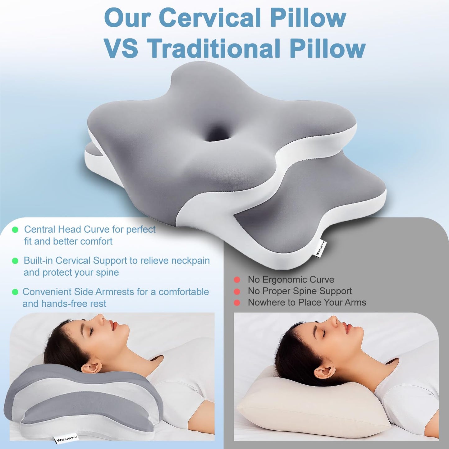 Sleep Apnea Pillow with Neck Pain & Snoring Relief -Orthopedic Cervical Pillow, Ergonomic Contour Memory Foam Pillow for Side,Back,Stomach Sleepers,Dreamers (Gray)