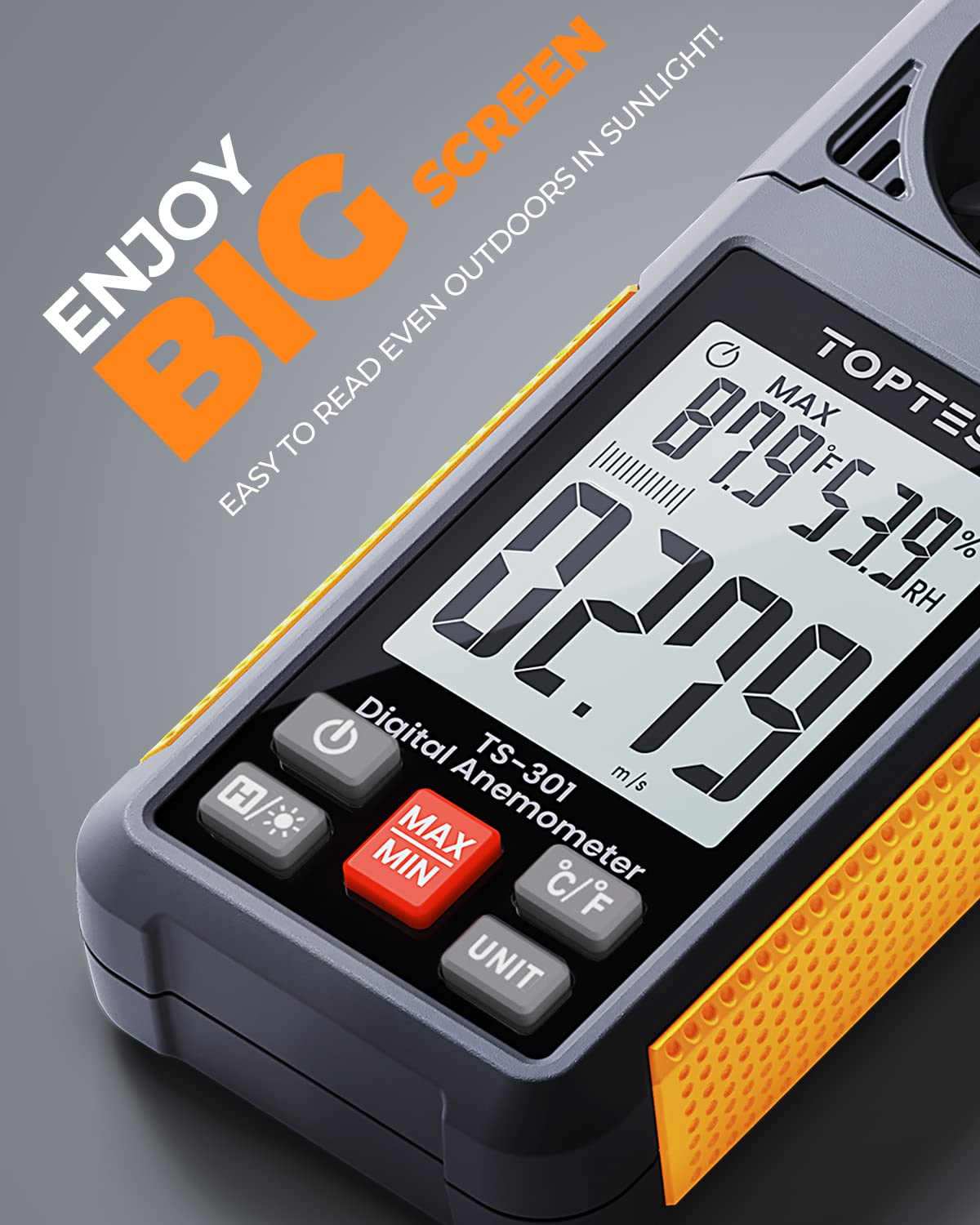 TopTes TS-301 Anemometer Handheld Wind Speed Meter with 2.26-inch LCD Screen, Backlit Air Flow Meter with 6 Measuring Units, Wind Gauge for Sailing/Surfing/Shooting/Drone/Home Vent - Orange