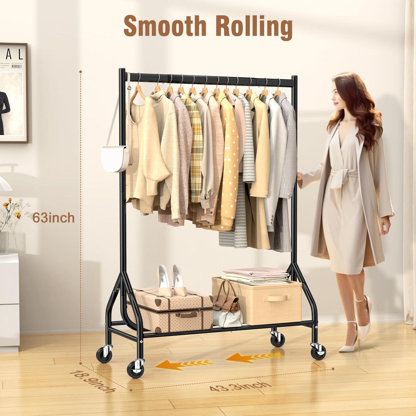EAGMAK Heavy Duty Clothes Rack Load 420 LBS, Rolling Garment Rack with Lockable Wheels, Standing Metal Clothing Hanger, Portable Wardrobe Sturdy Coat Organizer for Hanging Clothes (Black)
