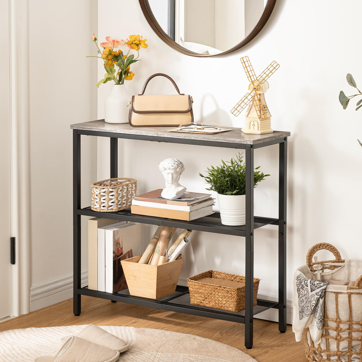 HOOBRO 75 cm Narrow Console Table, 3-Tier Entryway Table, Thin Sofa Table with Shelves, Side Table, Display Table, for Hallway, Entrance, Living Room, Bedroom, Greige and Black BG73XG01