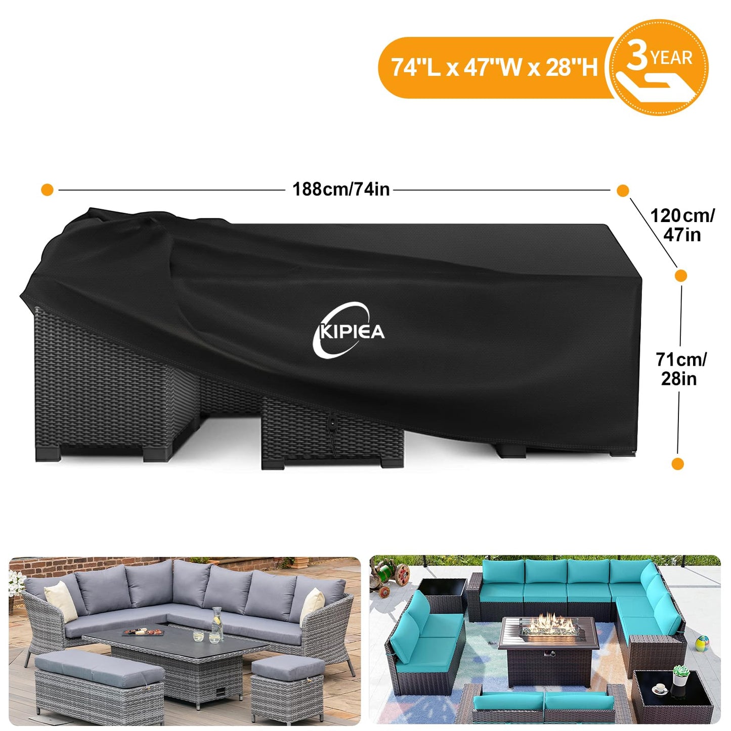 Kipiea 600D Patio Furniture Covers Waterproof Winter, Outdoor Furniture Set Covers for Table Chairs, Heavy-Duty Outdoor Sofa Covers with Anti UV and No Tears, No Fading (74" L x 47" W x 28" H)
