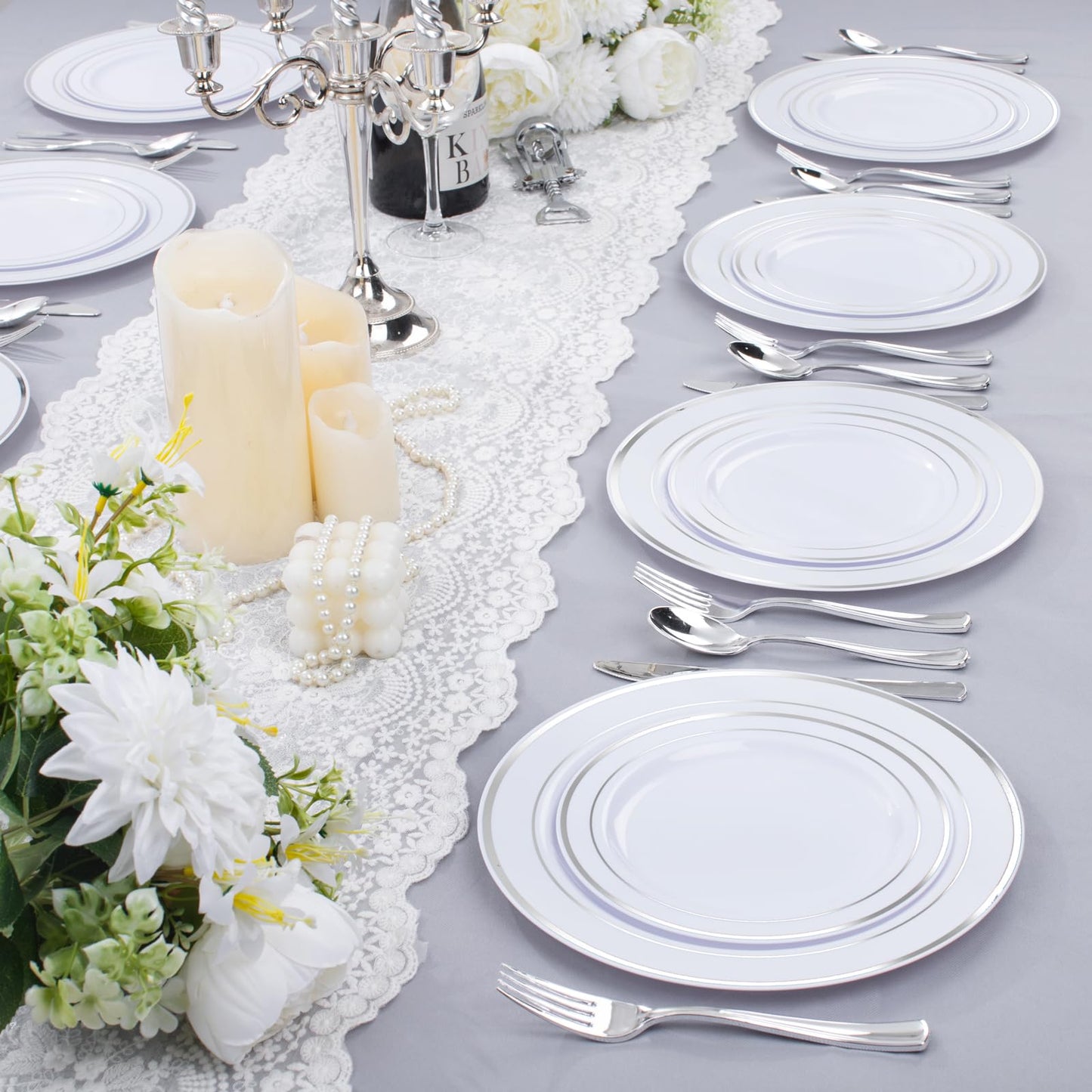 I00000 300 Pieces Silver Plastic Plates with Disposable Silverware, Fancy Tableware Sets Include 60 Dinner Plates 10.25", 60 Salad Plates 7.5", 60 Forks, 60 Knives and 60 Spoons Serve for 60 Guest