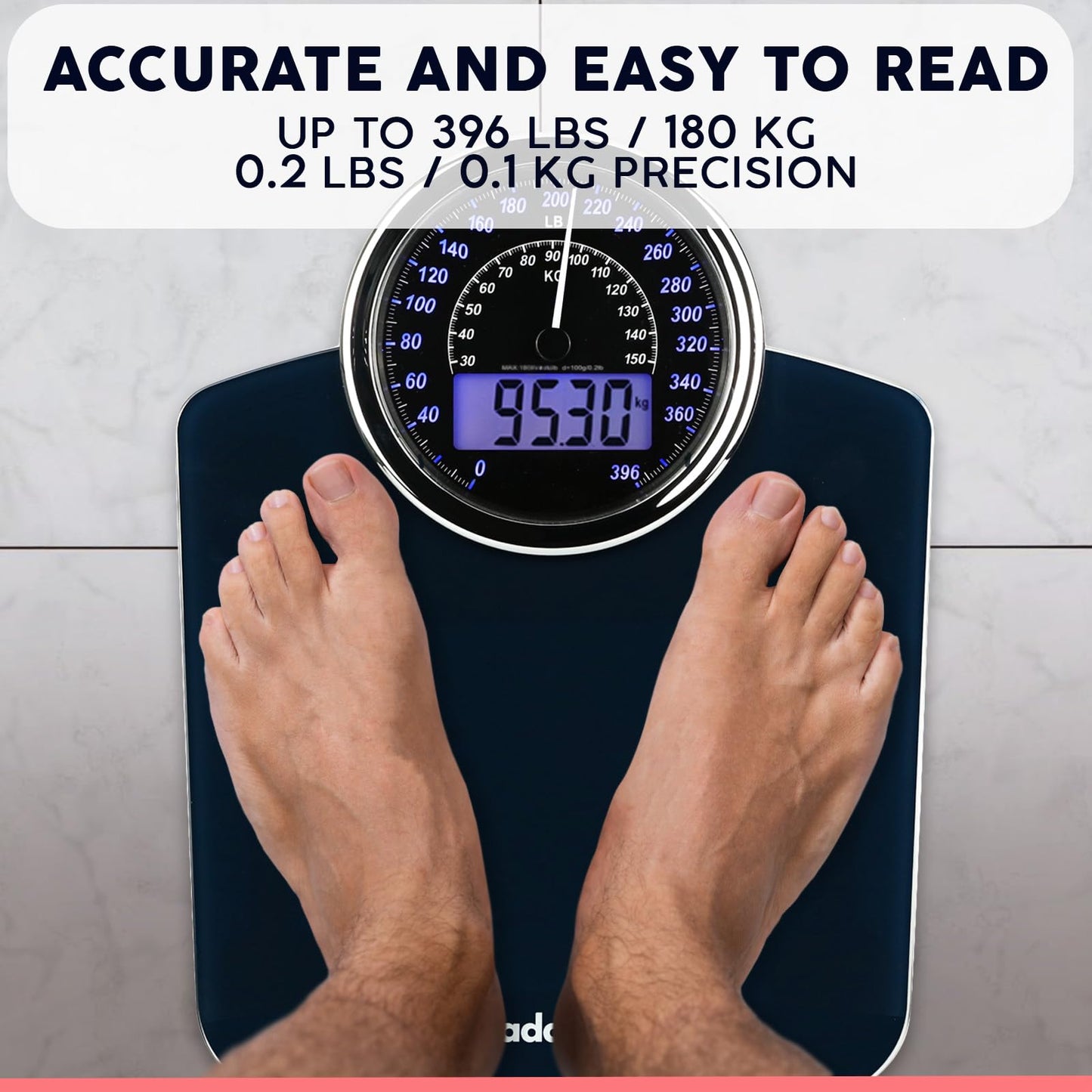 Adamson Pèse-personne Hybride - Nouveau - 2-en-1 Digital et Analogique - Jusqu'à 180 kg - Verre trempé épais - Grand écran - Lecture facile