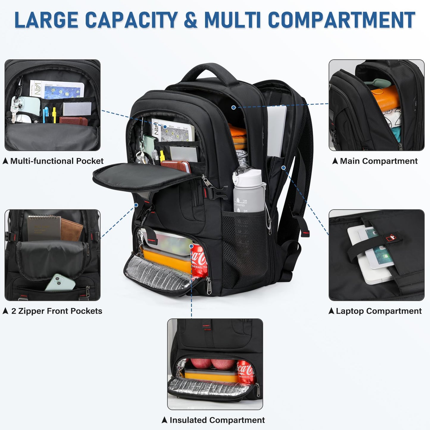 NUBILY Lunch Backpack, 17.3 Inch Laptop Backpack with USB Charging Port 50L Travel Backpack for Men Women Backpack with Insulated Cooler Bag Waterproof Computer，Black Backpack for College, Work