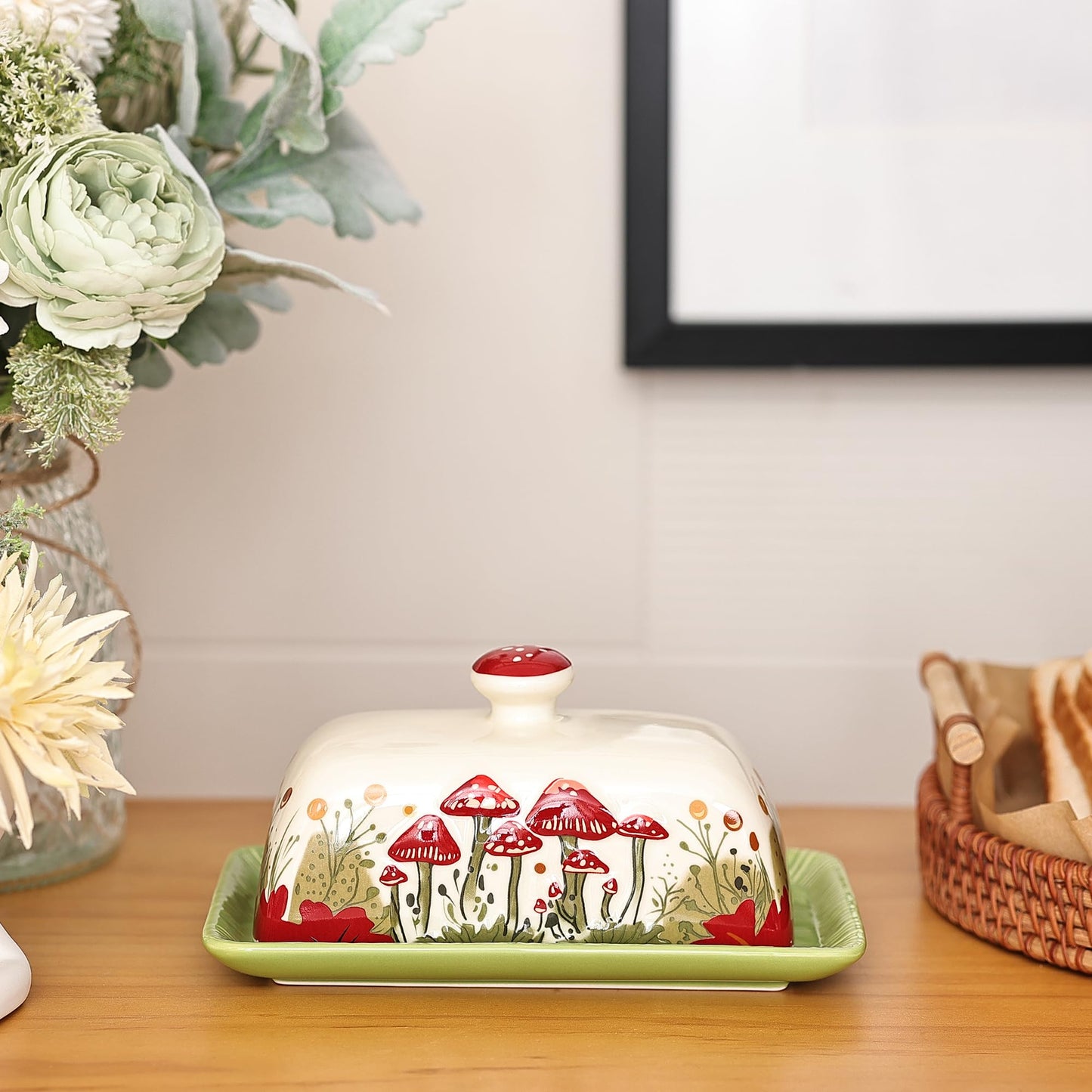 Fungi Fun Mushroom Butter Dish with Lid for Countertop Ceramic Butterdish, Red Mushroom Butter Container, Butter Tray Large Butter Dish Covered (White & Red Mushroom Butter Dish)