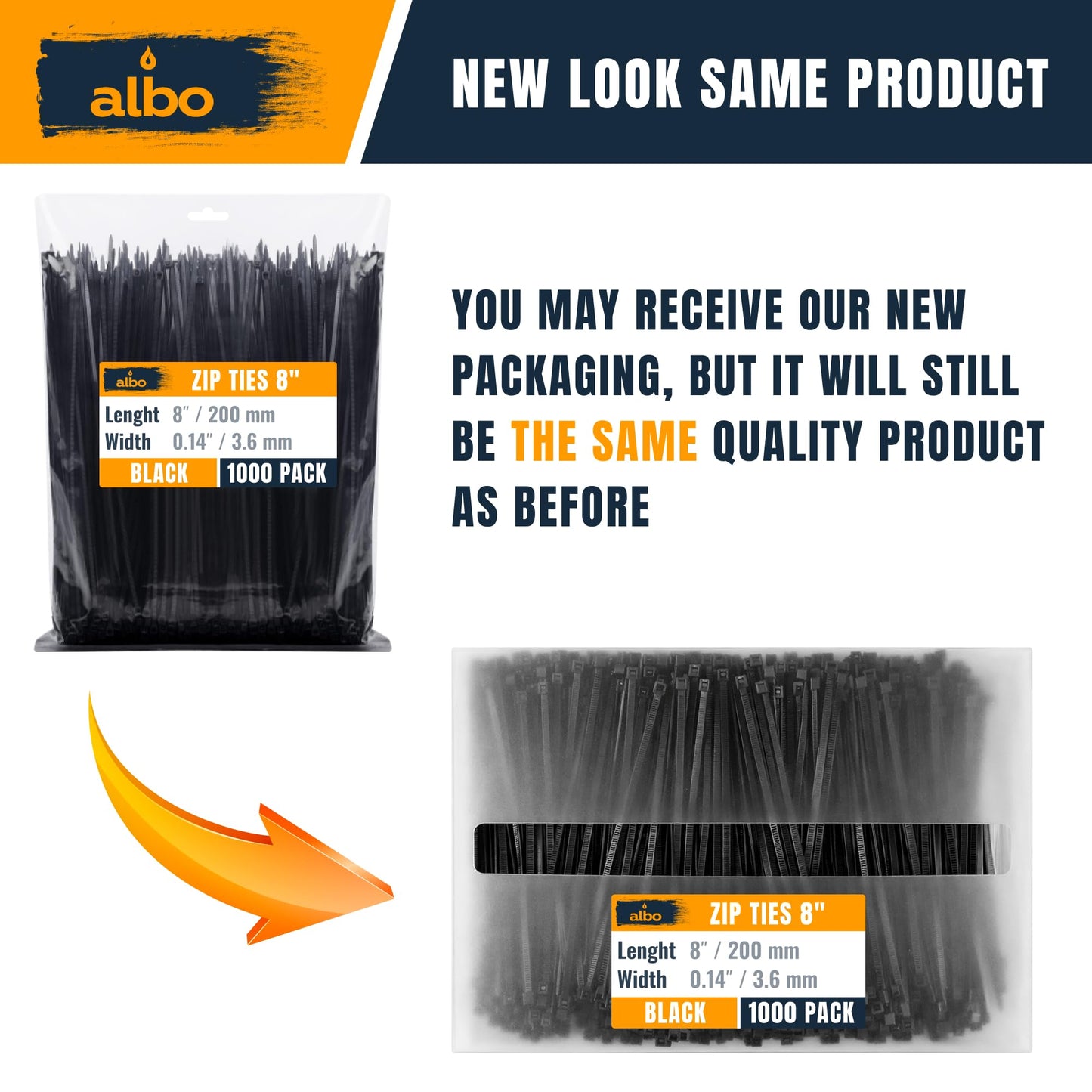 ALBO Zip Ties Black 8 Inch 1000 Pack Plastic Cable Ties Thick 0.14 Inch Tie Wraps Heavy Duty 40 lb UV Resistant Nylon Wire Ties for Indoor and Outdoor