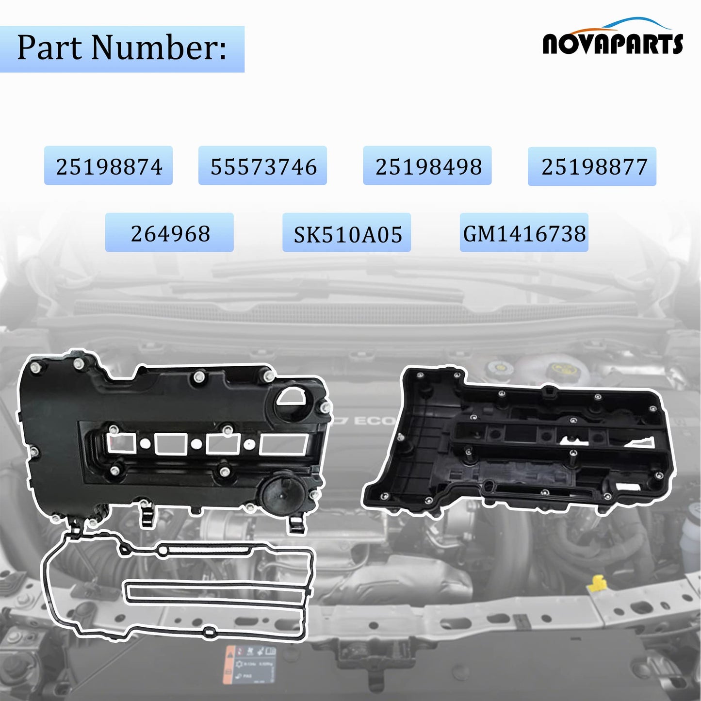 NOVAPARTS 1.4L Turbo Engine Valve Cover with Gaskets & Bolts & Oil Filler Cap Set for 2011 2012 2013 2014 2015 2016 Chevy Cruze 2011-2021 Chevy Sonic Trax Volt Buick Encore 264-968 25198874 55573746