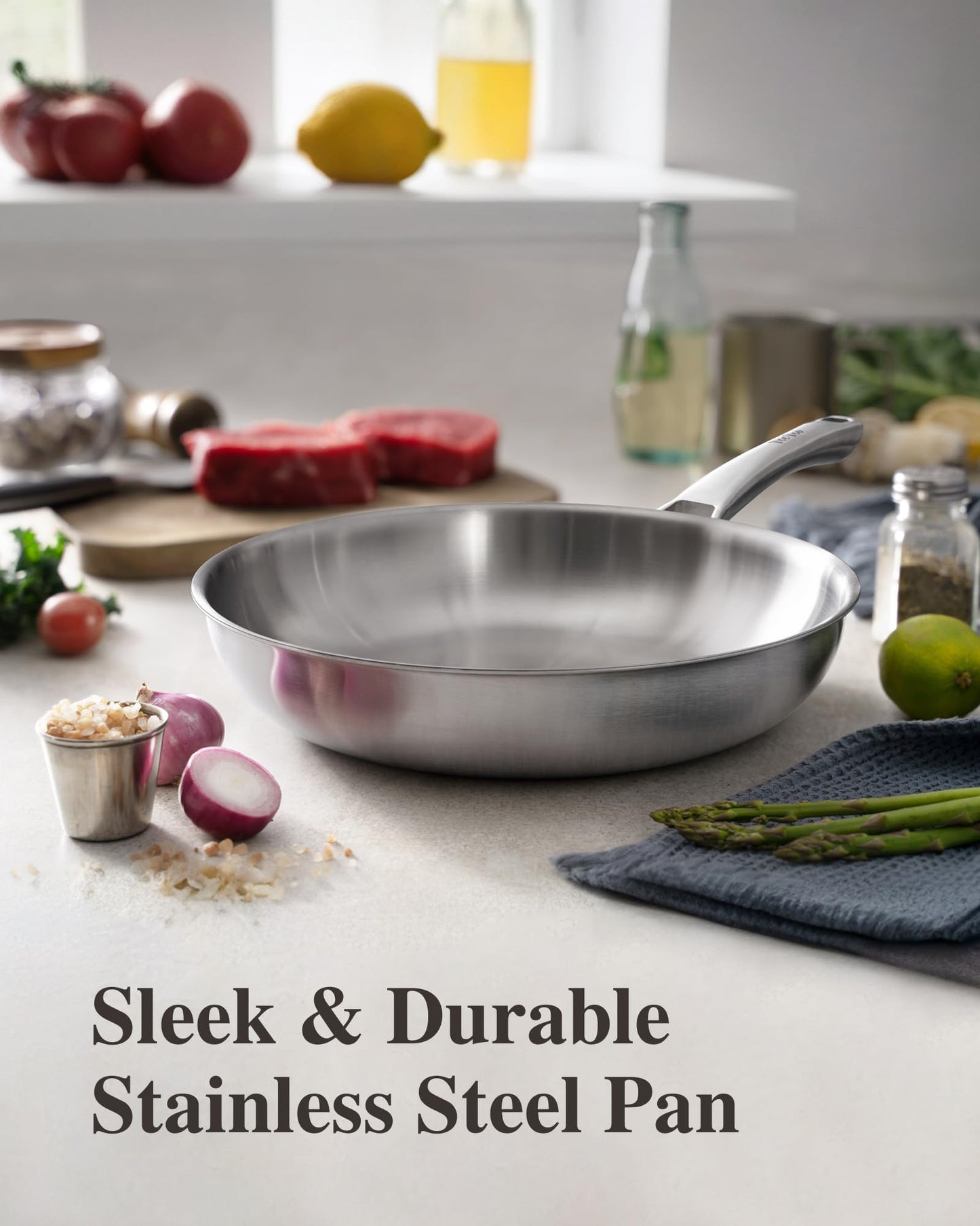 Stainless Steel Pan with Lid, 12-Inch Tri-Ply Chef's Pans, Dishwasher & Oven Safe Cookware, Ceramic and Gas Cooktops, No Chemical Coating, PFOA&PTFE Free Skillets, Compatible with All Cooktops