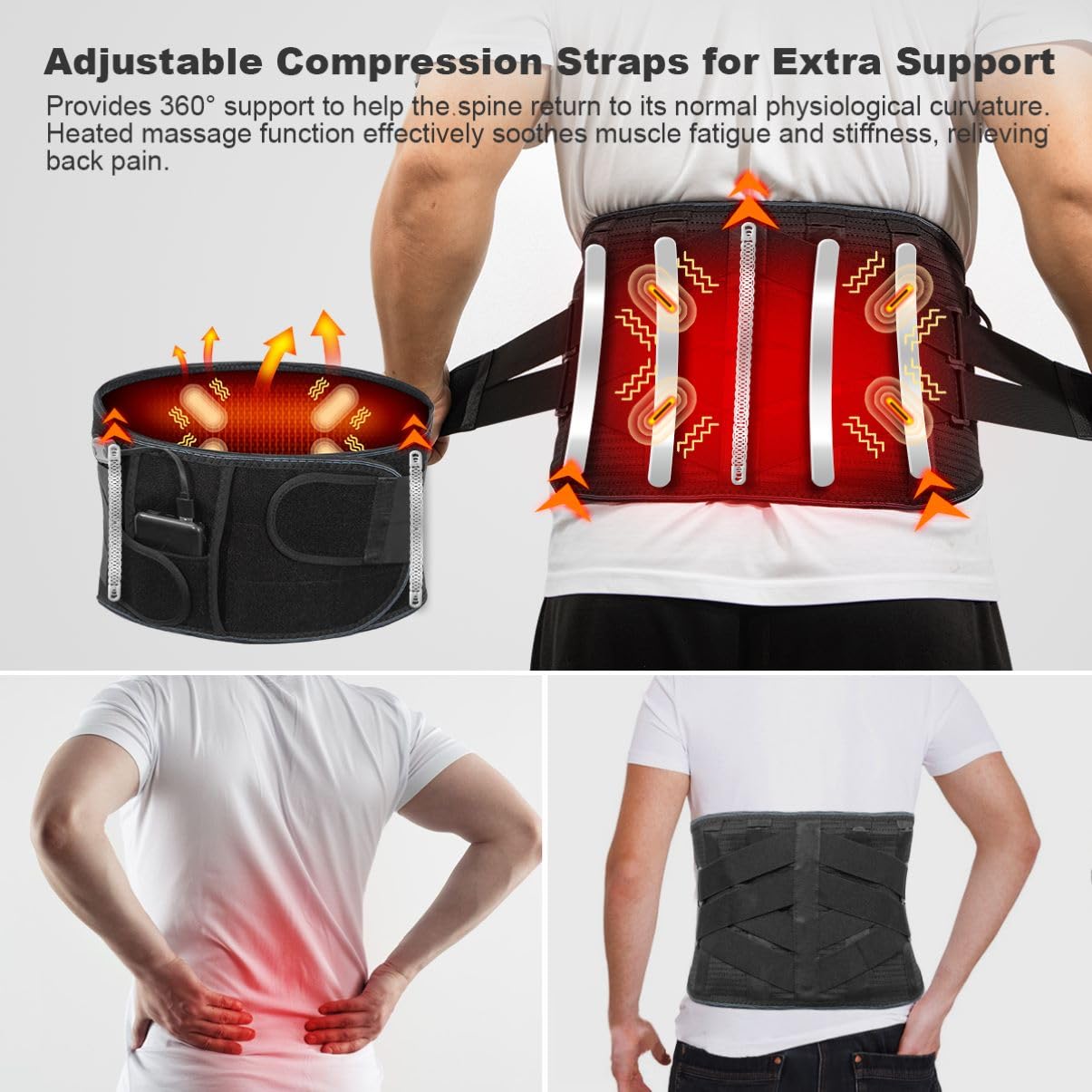 6xigouma Heating Pad Back Massager Brace for Lower Back Pain Relief, Cordless Heated Back Brace Vibration Wrap with Rechargeable Battery, Warmer Lumbar Support Belt with Massage for Cramps, L