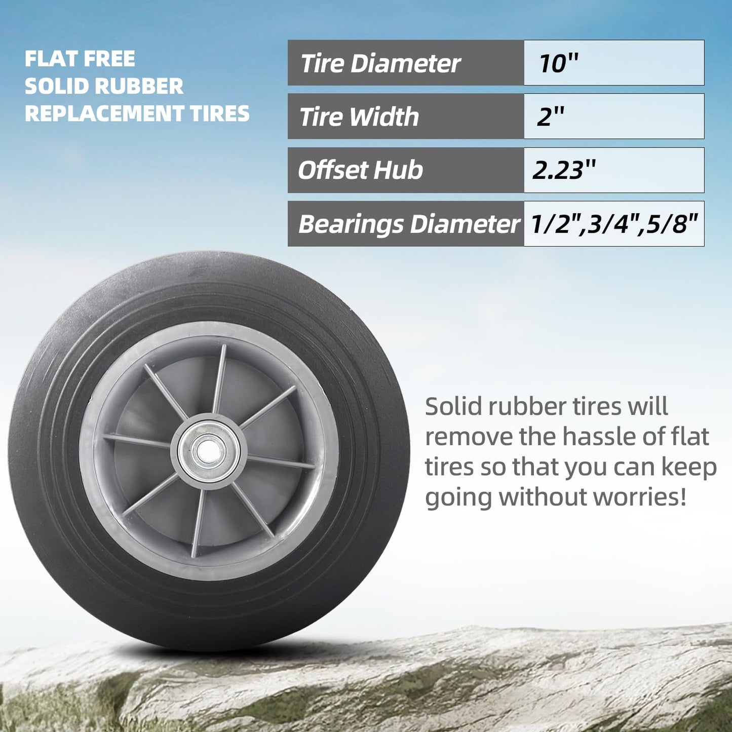 AR-PRO (2-Pack) 10'' x 2'' Flat Free Solid Rubber Tire and Wheel, 3/4" & 5/8" & 1/2" Axles Bore Hole with 2.23" Offset Hub, Replacement 10 Inche Wheel for Dolly Hand Trucks and Wheelbarrows
