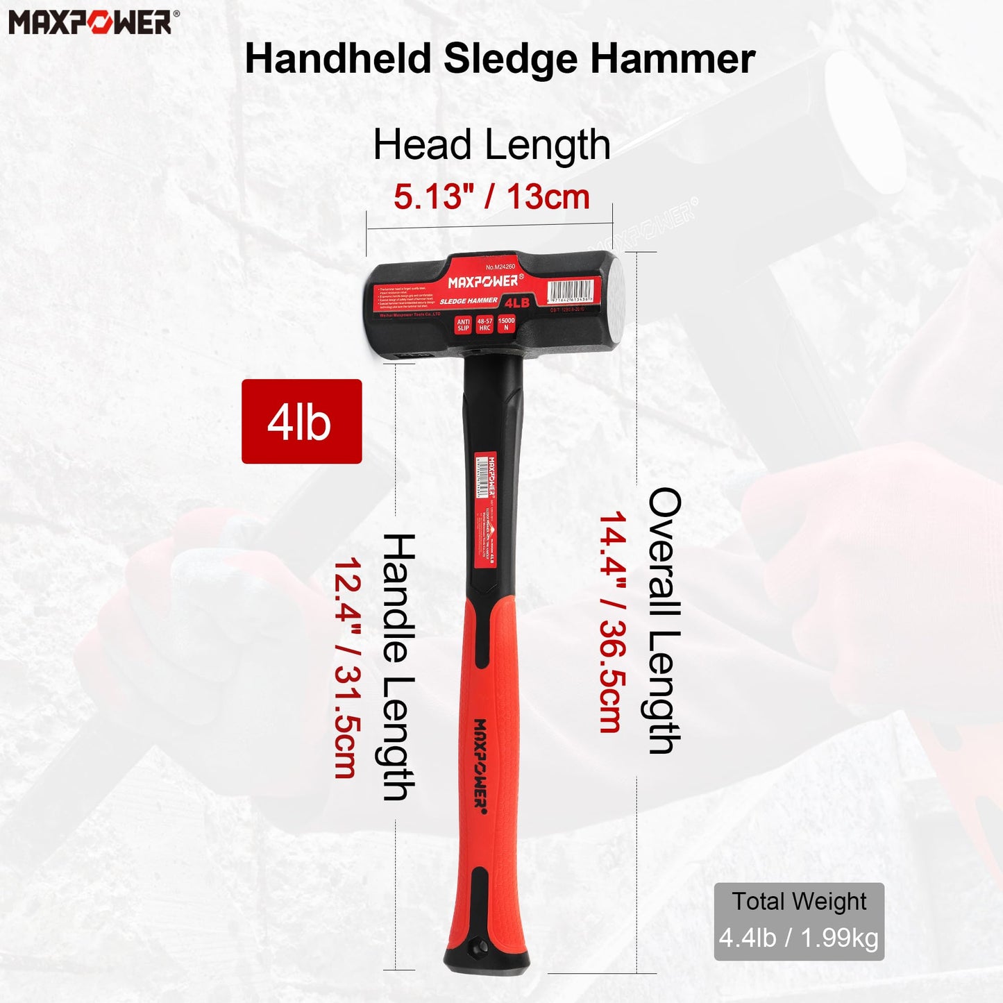 MAXPOWER 4 lb Sledge Hammer, Steel Head, 12-inch Fiberglass Handle Shock-Resistant