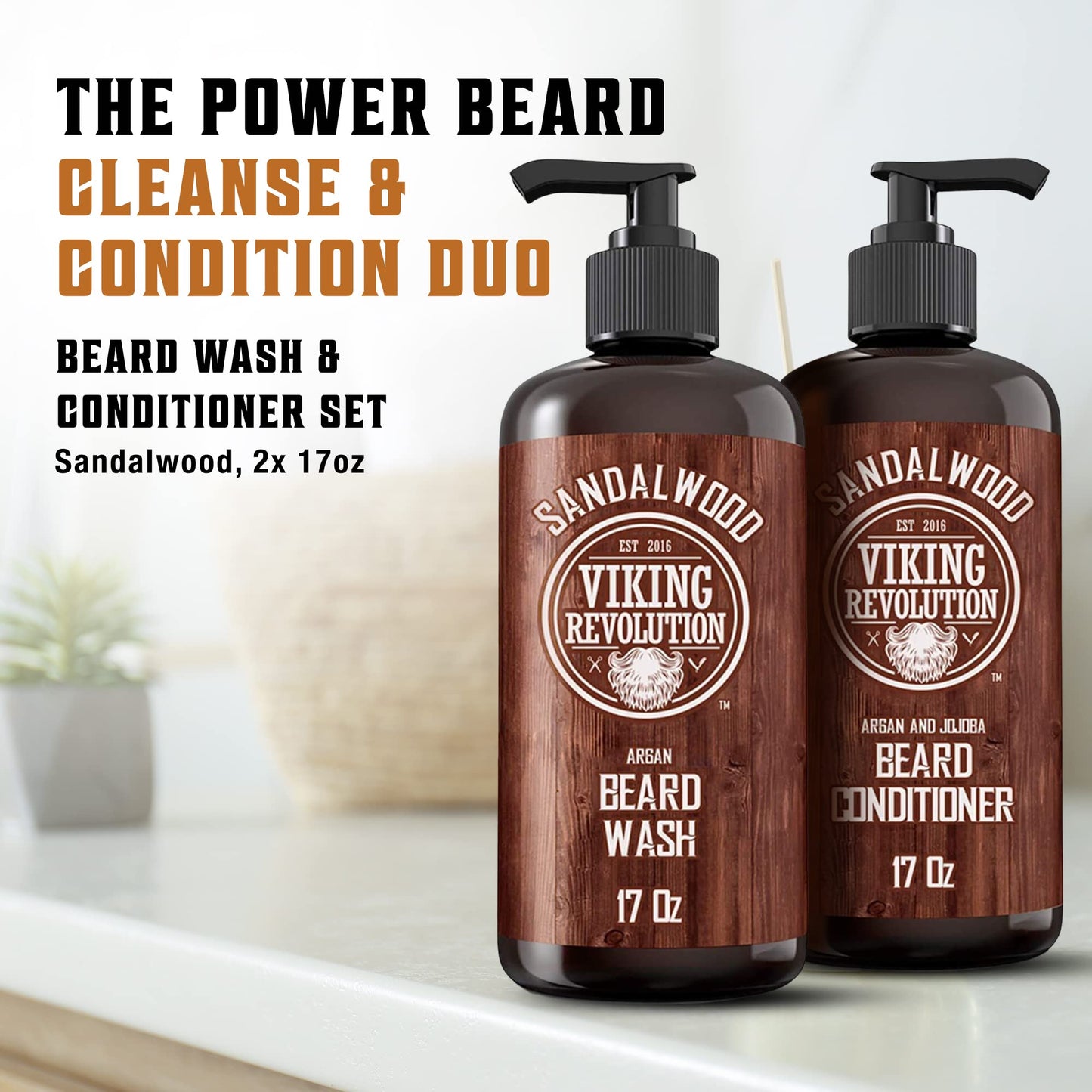 Viking Revolution - Beard Wash & Beard Conditioner Set With Argan & Jojoba Oil - Softens & Strengthens - Beard Shampoo & Conditioner - Sandalwood - 500 ml x 2