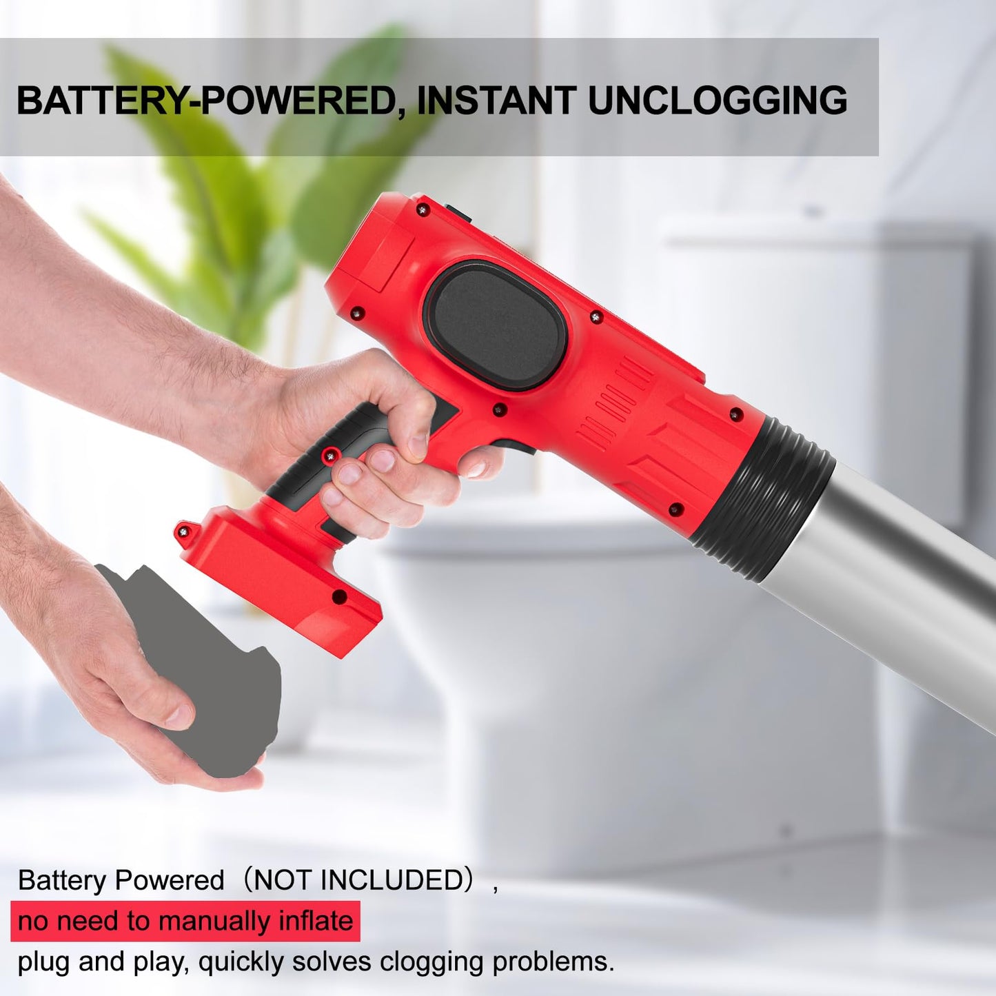 Dinftin Cordless Electric Toilet Plunger Pro Compatible for 18V Li-ion Battery (Battery Not Included) - Heavy Duty Unclogger with High Pressure & 3 Interchangeable Heads for Toilets, Sinks, Bathtubs