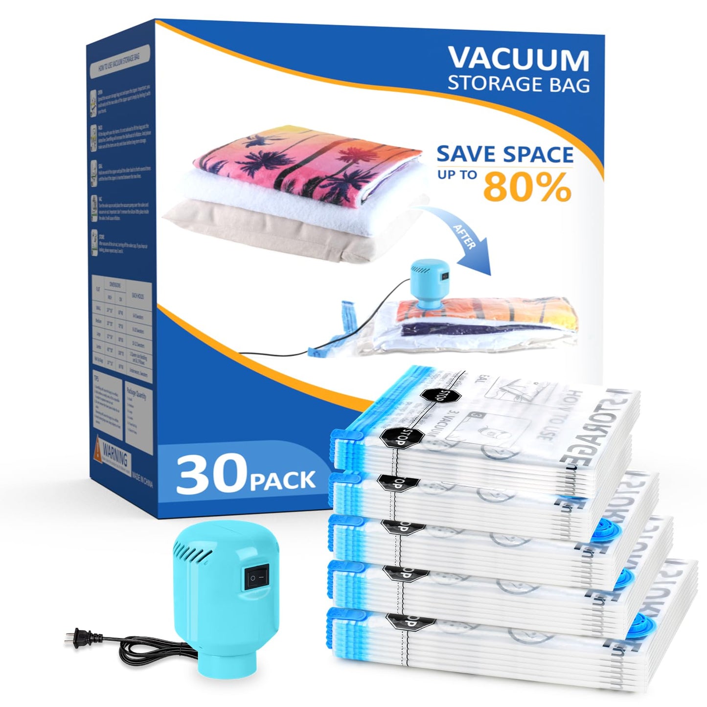 ZPP Vacuum Storage Bags with Electric Pump, 30 Pack (6 Jumbo, 6 Large, 6 Medium, 6 Small, 6 Roll Up Bags) Vacuum Seal Bags for Clothes, Mattress, Blanket, Comforters, Travel, Moving