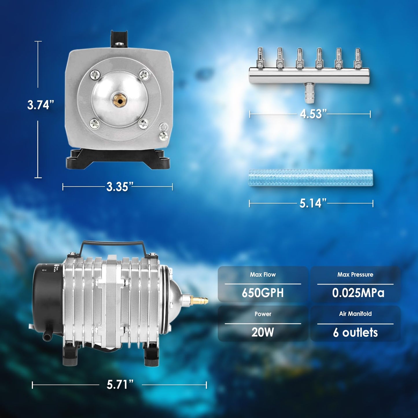 Kulife Aquarium Air Pump for Fish Tank, Bubbler Pond Aerator, Hydroponic, 650/1250/1480/1780GPH Commercial (650GPH 20W)
