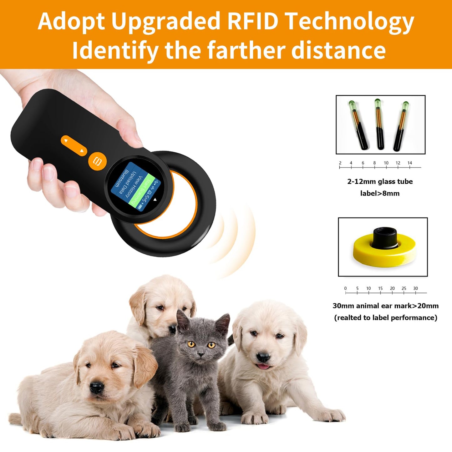 Pet Bluetooth Microchip Reader, alacrity 3-in-1 Label Reader (2.4GHz Wireless + Bluetooth + USB) Universal Animal with 1.4" TFT Display, Rechargeable Battery