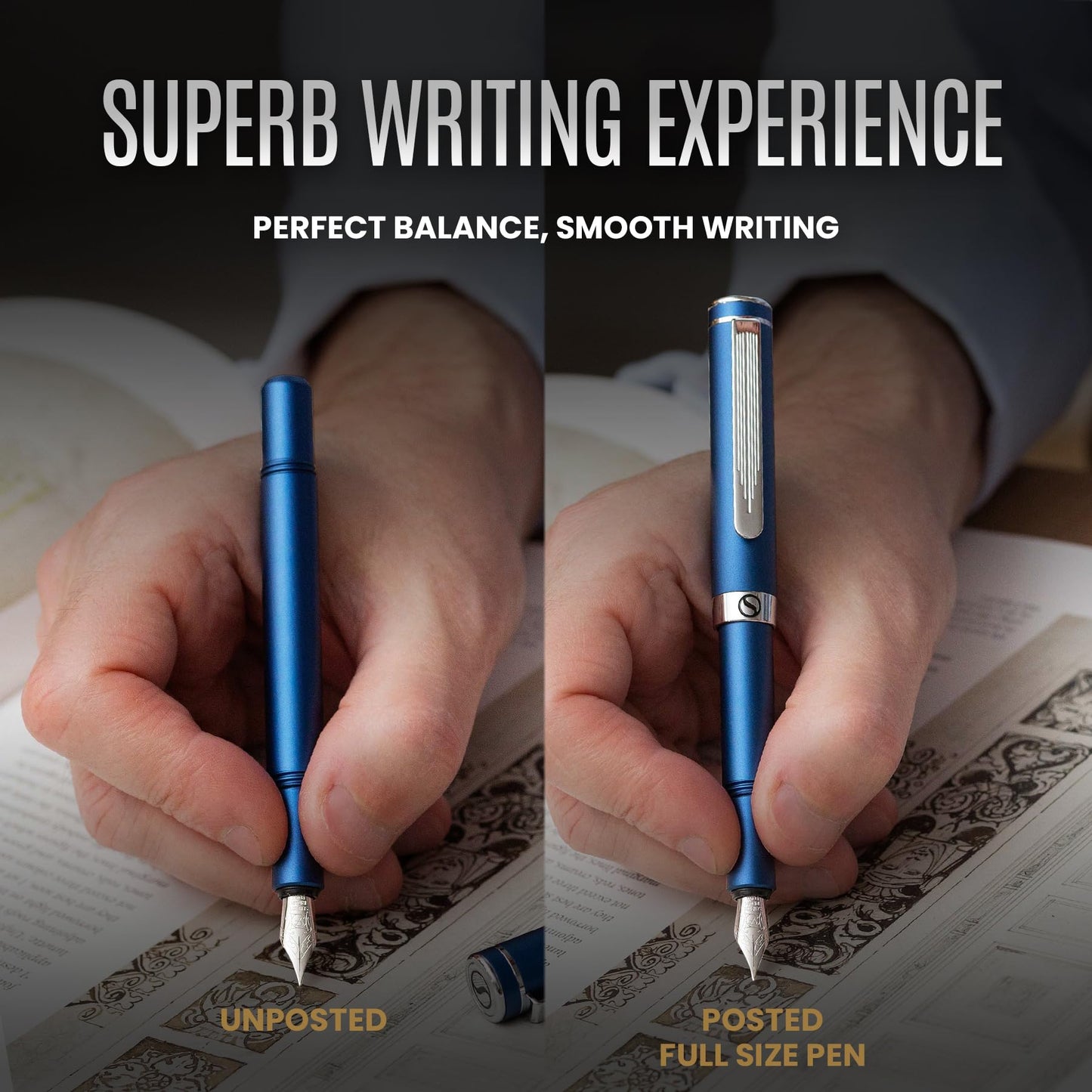 Scriveiner Luxury EDC Fountain Pen (Medium), Stunning Matt Blue Pocket Pen, Chrome Finish, Schmidt German Nib, Converter, Best Writing Pen Gift Set for Men & Women, Nice Fancy Office Designer Pen