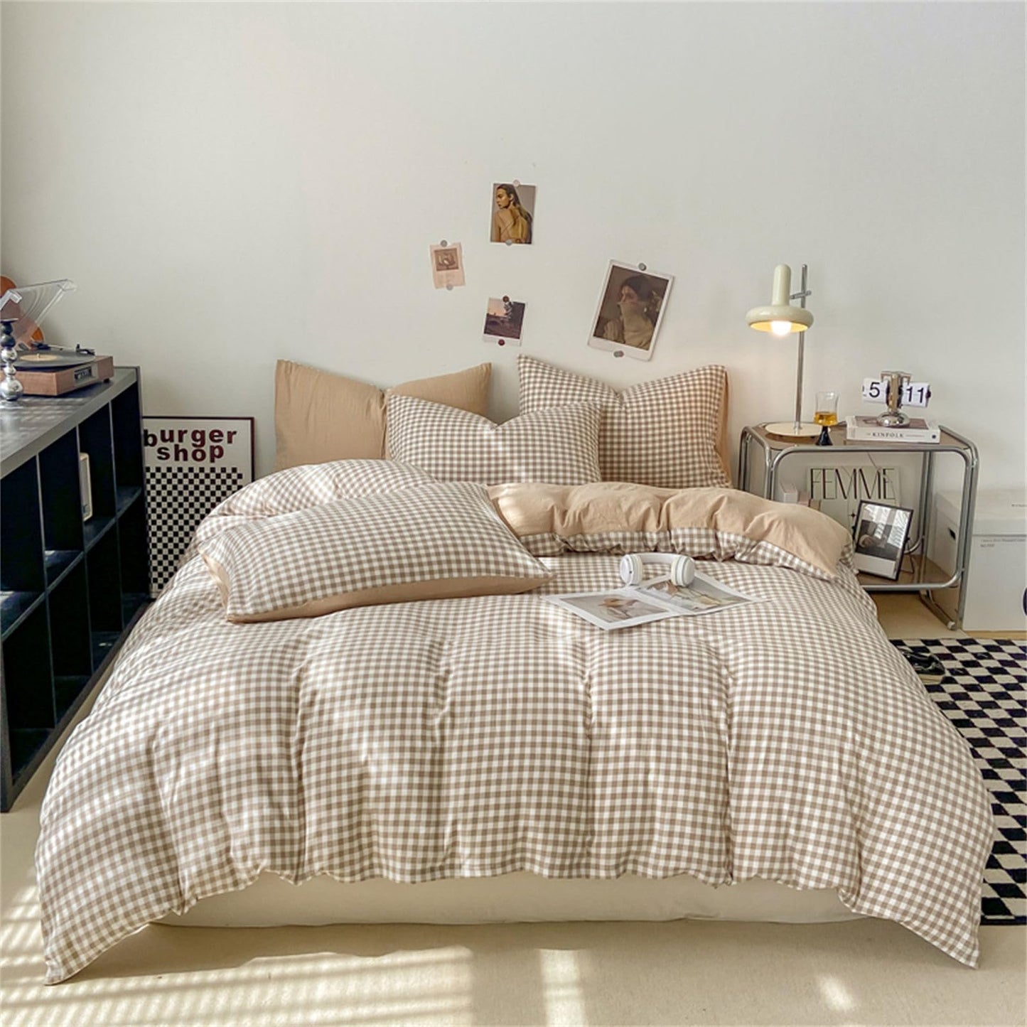 Nayoroom Gingham Duvet Cover Queen Size Brown Tan Plaid Checkered Comforter Cover Grid Farmhouse Dorm Bedding Set 3 Pcs Soft Breathable Washed Microfiber Gifts for Women Men