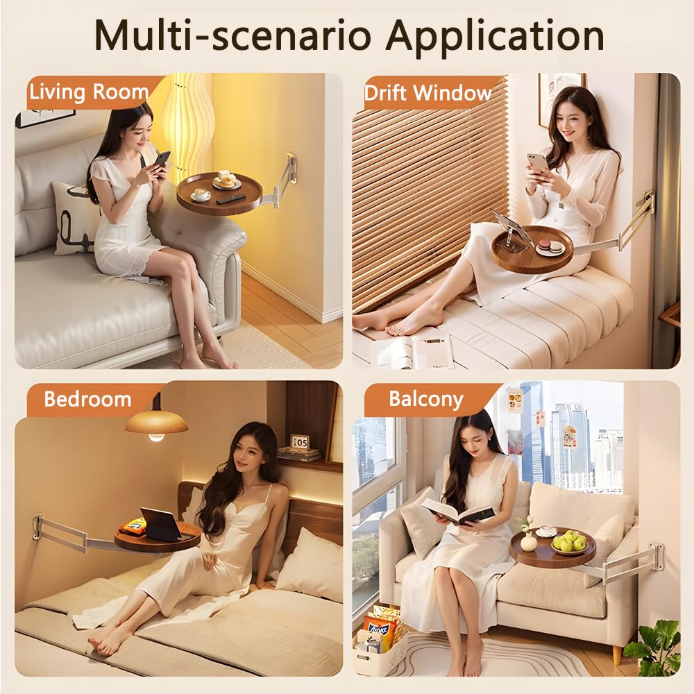 Wall Mounted Folding Round Table, Extendable Small Space Sofa Table, Floating Foldable Bedside Coffee Table, Sofa Dining Side Table for Bedroom, Study, Living Room, Balcony