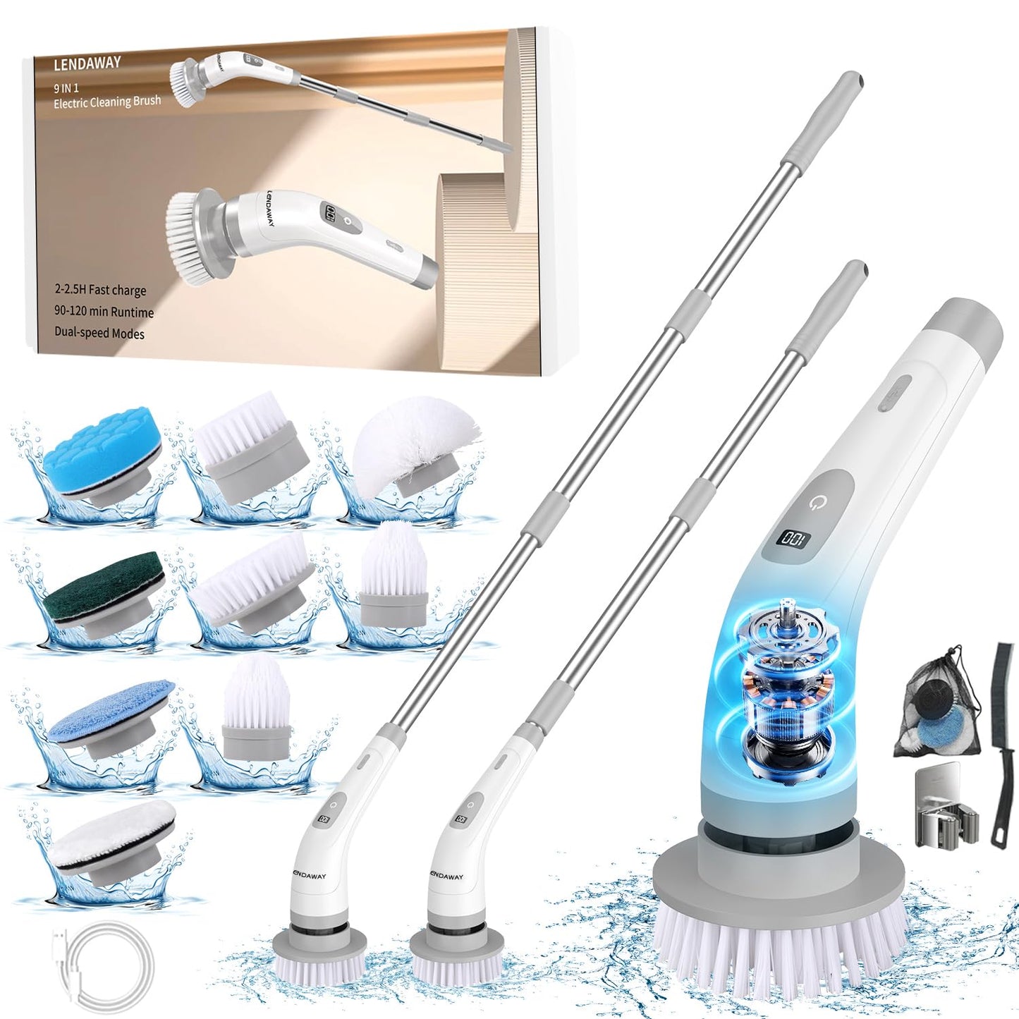 LENDAWAY 9-in-1 Multi-Purpose Electric Spin Scrubber,2 Speeds,Long Handle,Replaceable Brush Heads,for Cleaning Floors, Windows, Bathtubs, Grout, Tiles, Sink, Car (Greywhite)