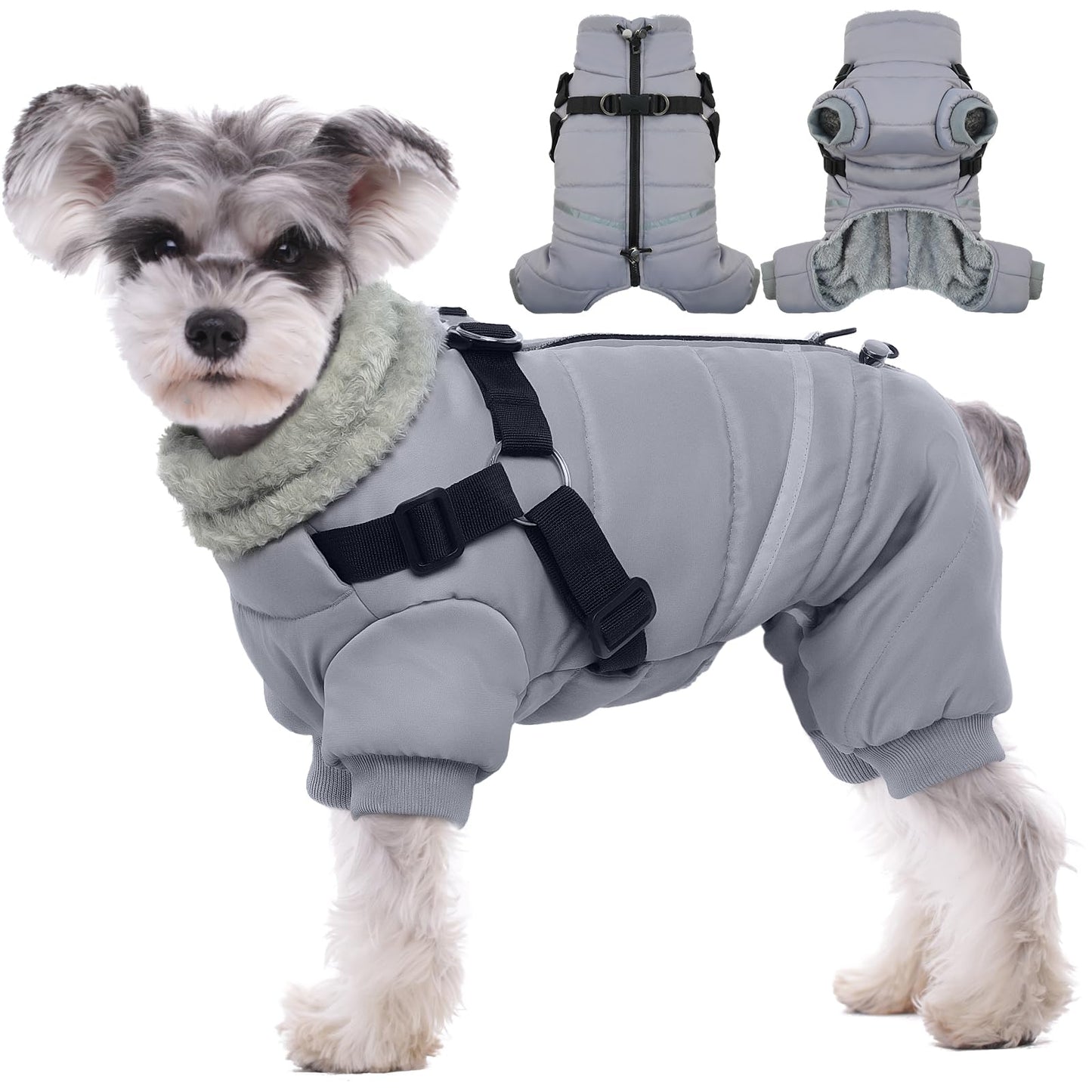 BRKURLEG Grey Dog Winter Coat, Cozy Winter Dog Jackets, Small Dogs Coat with Harness, Onesie Body Warm Puppy Jacket, Pet Reflective Windproof Cold Weather Jackets, Puppy Four-Legged Puffer Coats, S
